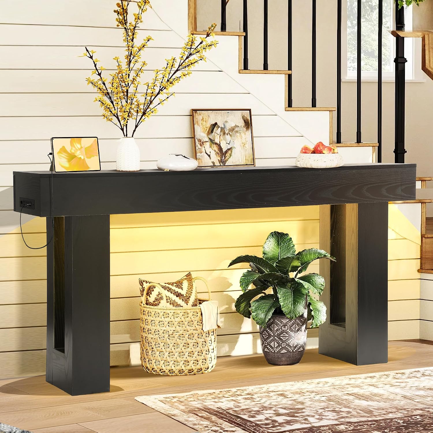Grepatio 63 Inch Entryway Console Table, Wood Entry Way Table with LED Light, Long Console Table with USB Power Outlet, Narrow Sofa Behind Couch Tables for Entrance, Hallway, Living Room (LED Black)