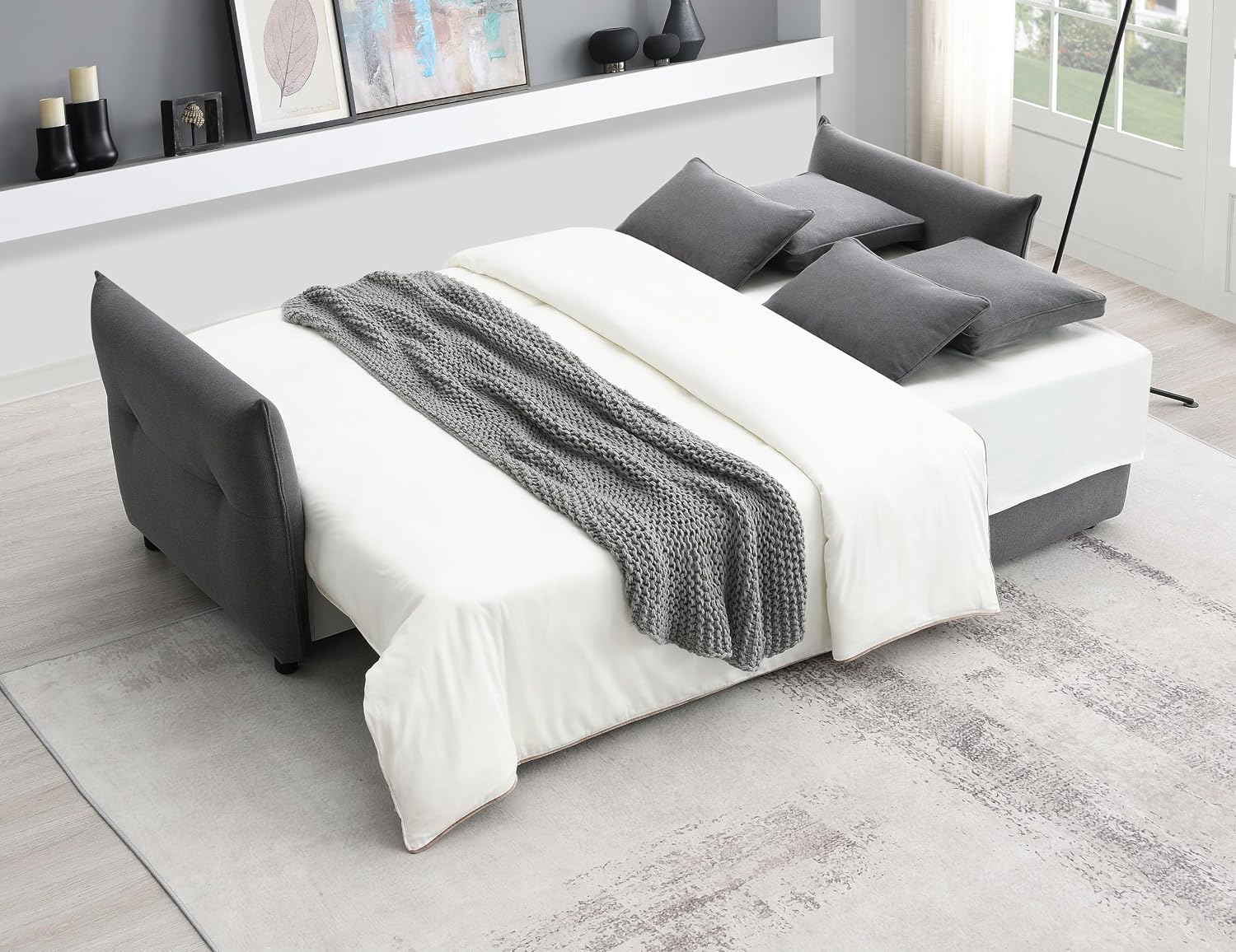 Acme Irina Fabric Upholstered Sofa with Pull-Out Sleeper and 4 Pillows in Gray