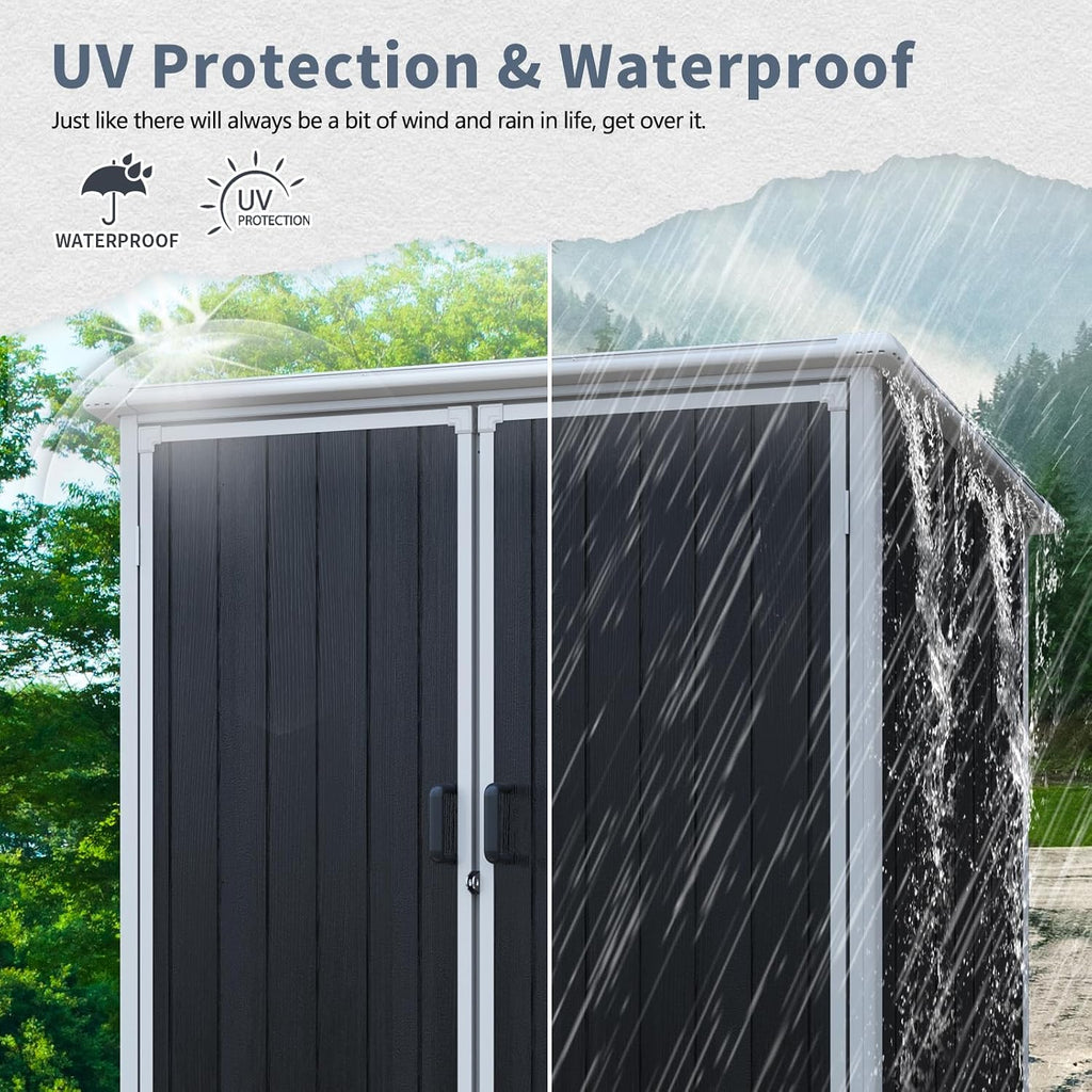 5x3 Resin Outdoor Storage Shed with Floor, Vertical Plastic Storage Cabinet with Lockable Doors, All-Weather Garden Tool Shed for Bikes and Patio Furniture (Black)