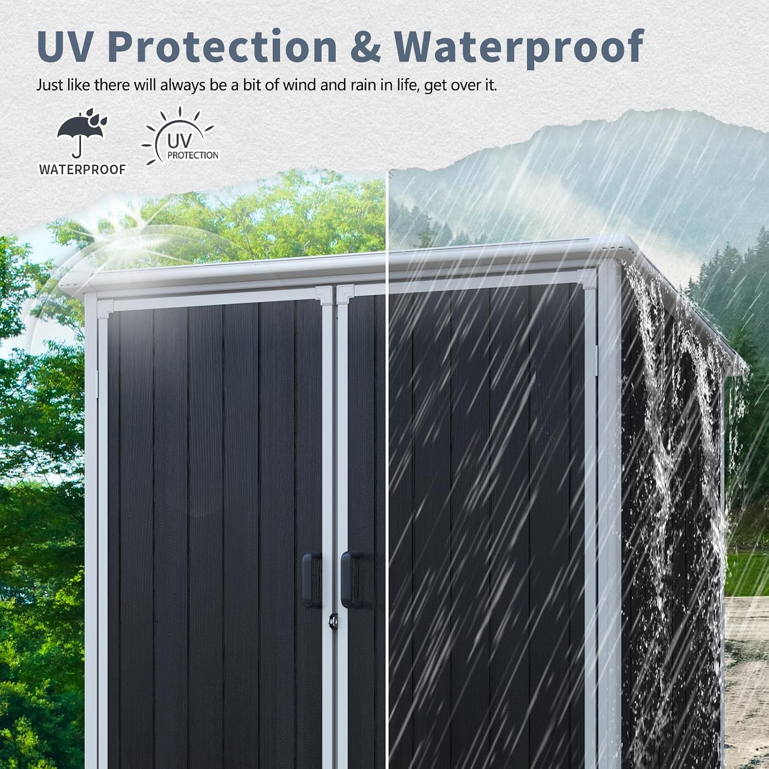 5x3 Resin Outdoor Storage Shed with Floor, Vertical Plastic Storage Cabinet with Lockable Doors, All-Weather Garden Tool Shed for Bikes and Patio Furniture (Black)