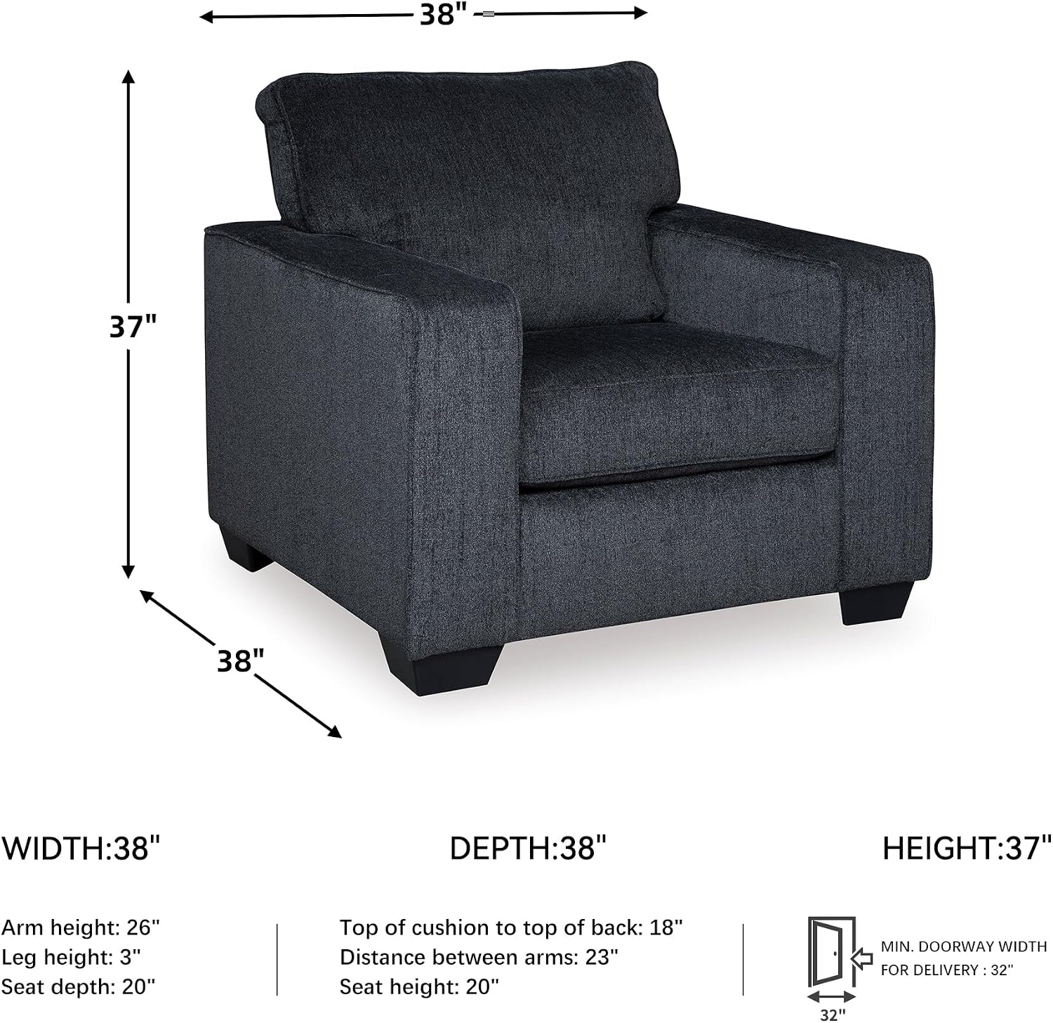 Signature Design by Ashley Altari Modern Chair, Reinforced Frame For Added Stability, Loose Seat Cushions, Back Height 37', Seat Height 20', Arm Height 26', Chenille Fabric, Dark Gray