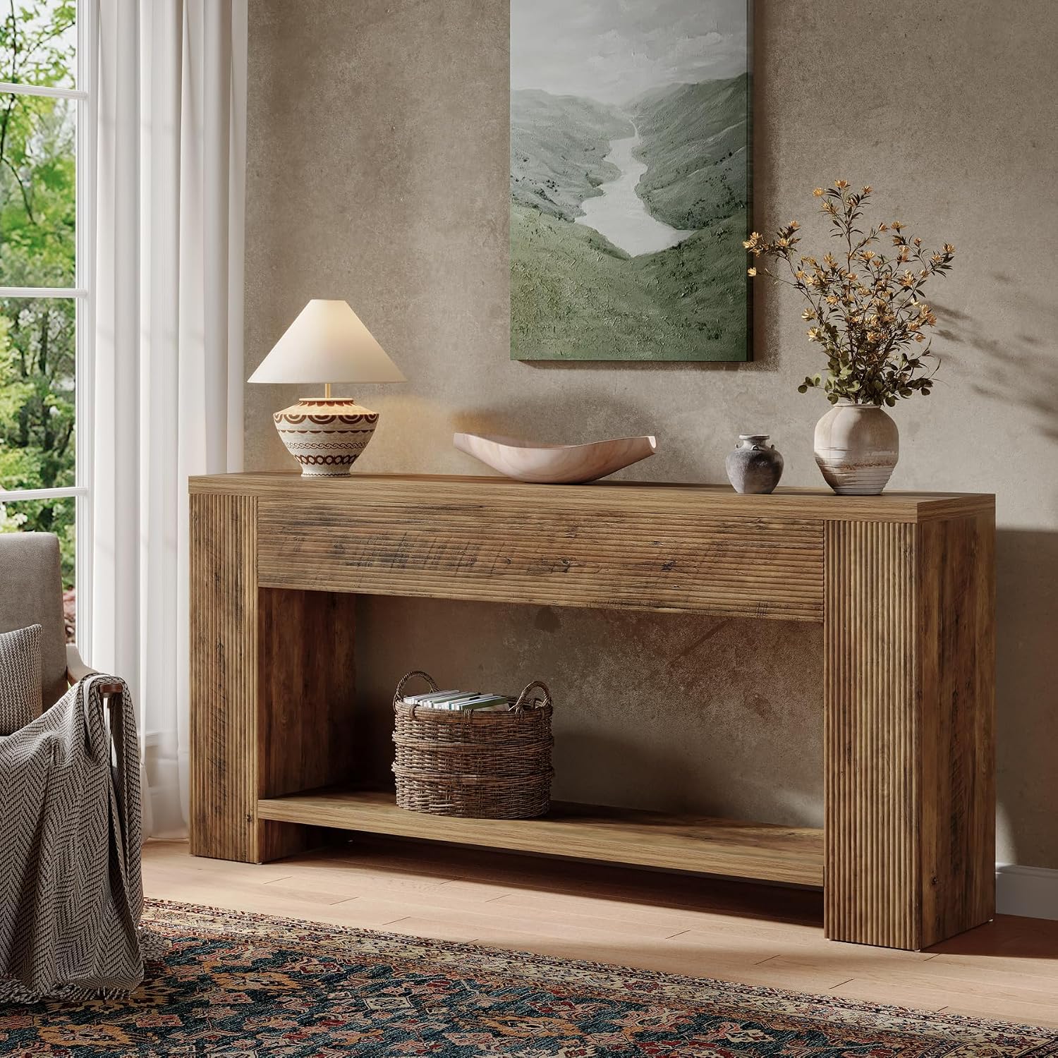 Tribesigns 70.9-Inch Console Tables for Entryway, Narrow Wooden Long Sofa Table Behind the Couch, Farmhouse Fluted Hallway Accent Table for for Living Room, Entrance, Foyer (Rustic Brown)