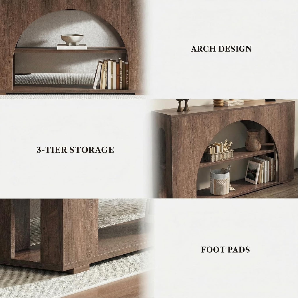 55' Arched Console Table with 3-Tier Storage, Farmhouse Wooden Sofa Table Behind Couch, Narrow Long Entryway Table for Entrance, Hallway, Living Room, Brown Oak