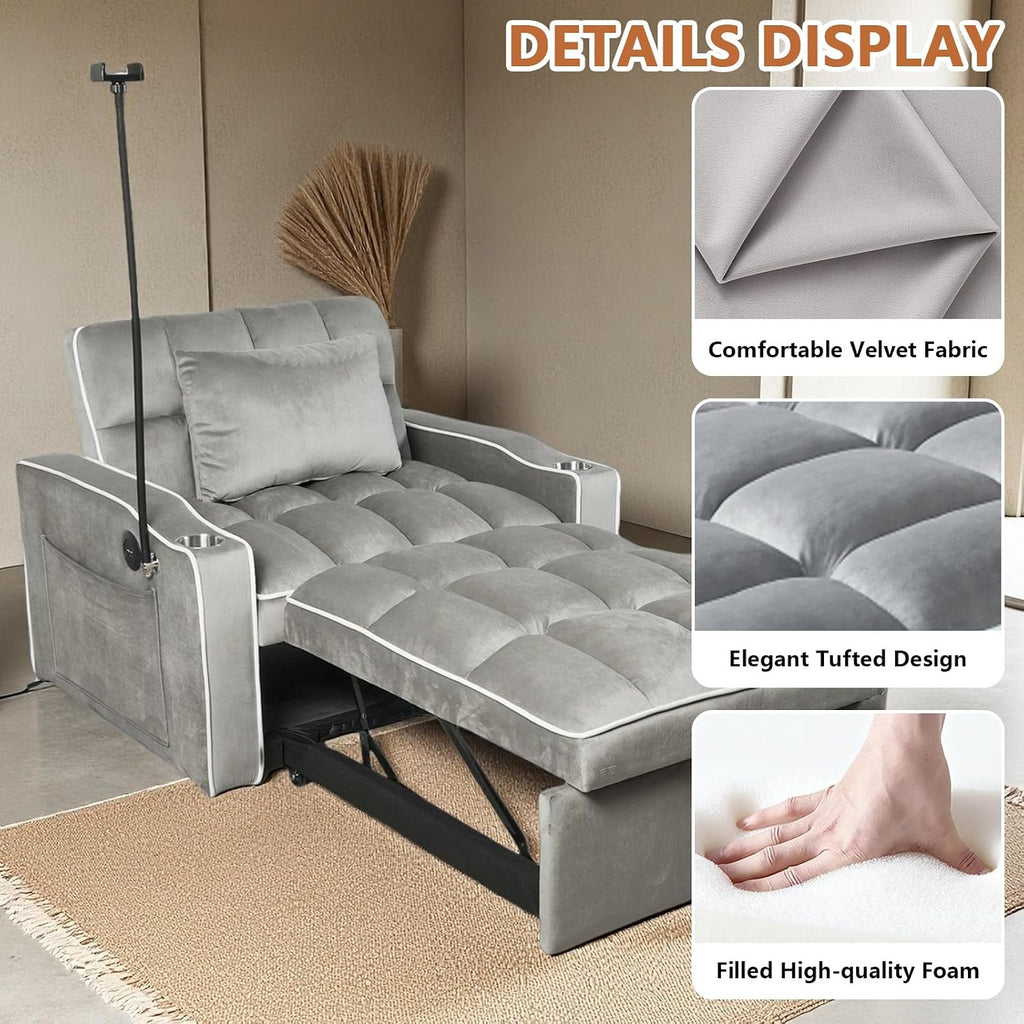 Majnesvon Modern Velvet Fabric Sofa Bed Futon,3 in 1 Convertible Pullout Bed Couches with 3 Reclining Backrests,Phone Stand,Small Sofa Single Sleeper Chair Bed for Living Room Bedroom (Grey)