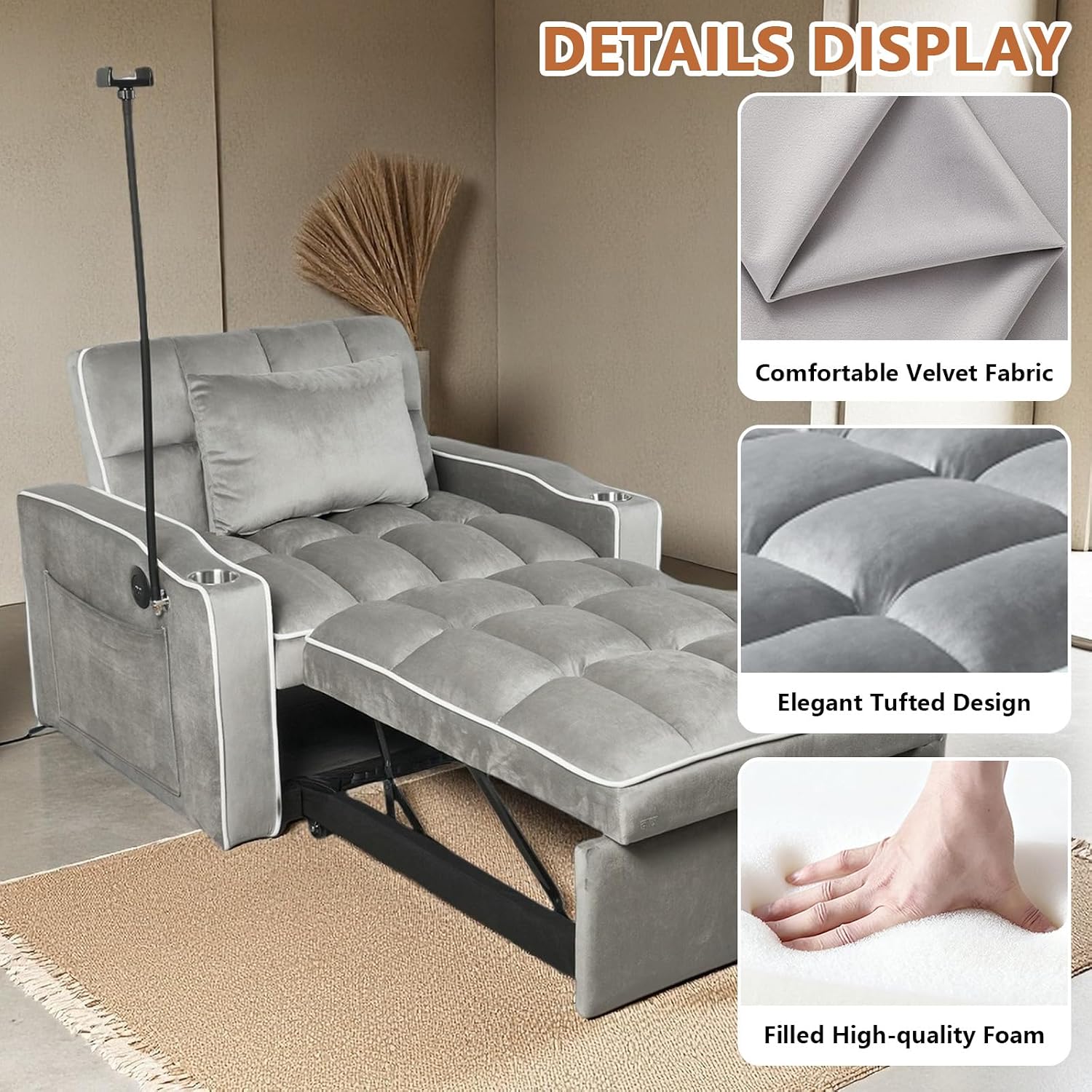 Majnesvon Modern Velvet Fabric Sofa Bed Futon,3 in 1 Convertible Pullout Bed Couches with 3 Reclining Backrests,Phone Stand,Small Sofa Single Sleeper Chair Bed for Living Room Bedroom (Grey)