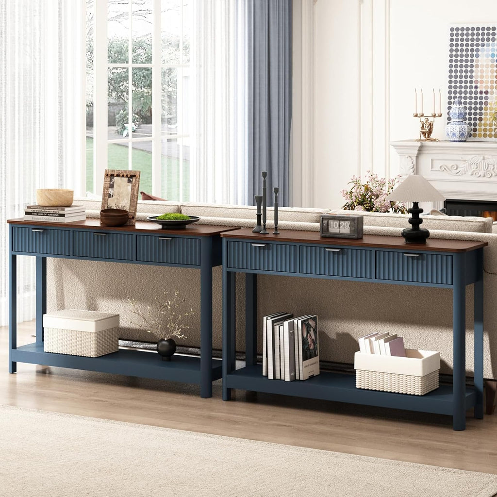 HOKYHOKY Fluted Console Table with Drawers, Modern 47.1' Entryway Table with Storage Shelf, Boho Narrow Skinny Behind Couch Wood Sofa Table for Living Room Hallway Entrance Foyer, Blue