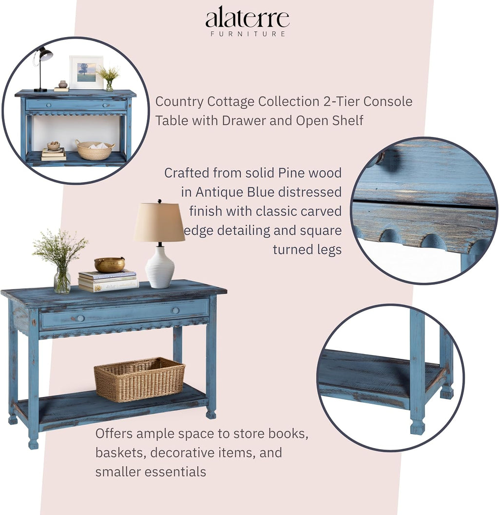 Alaterre Furniture Rustic Cottage Media Console Table, Antique Blue with 1 Drawer and 1 Shelf, Hardwood Construction, Ideal for Living Room or Entryway