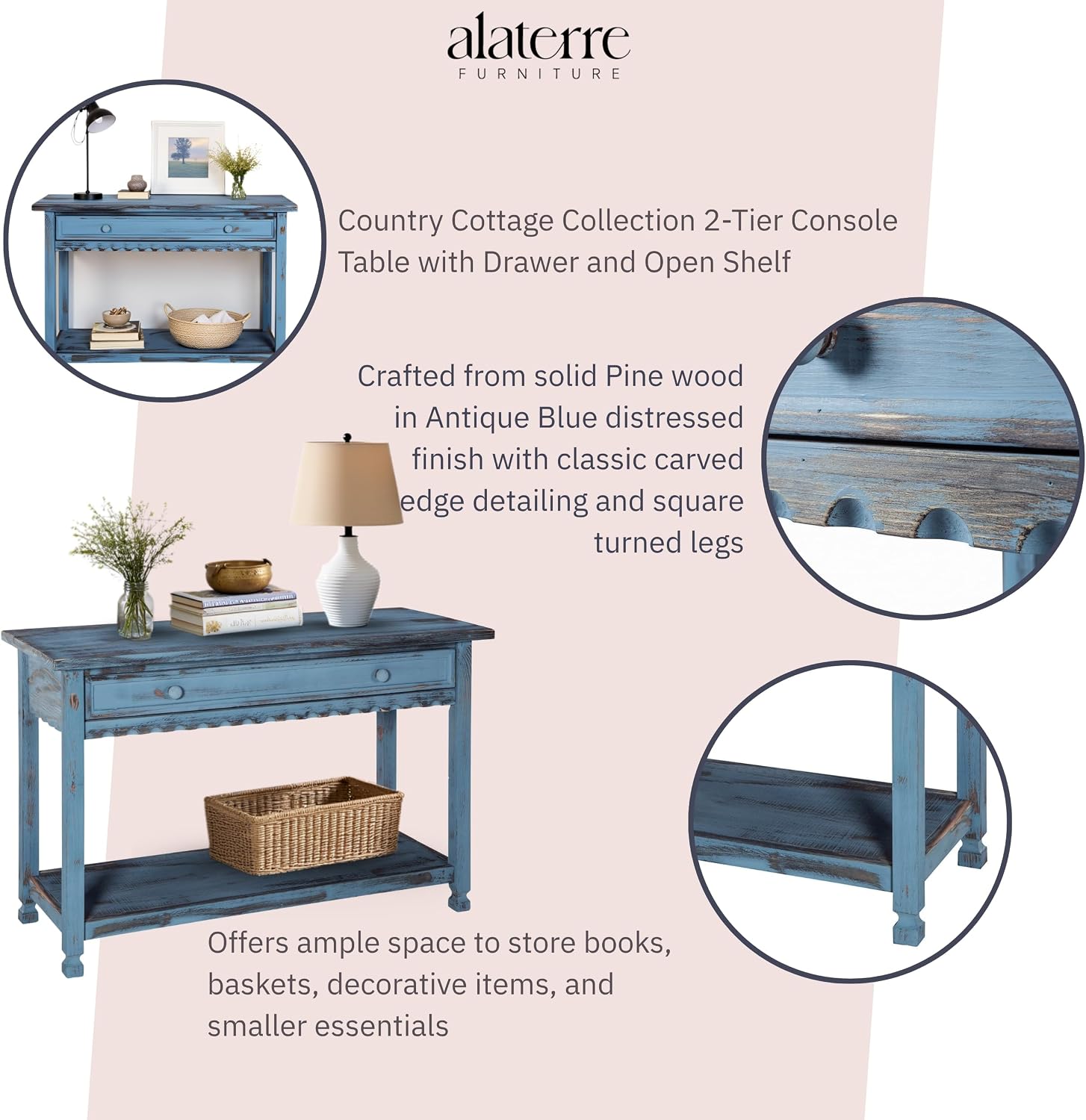 Alaterre Furniture Rustic Cottage Media Console Table, Antique Blue with 1 Drawer and 1 Shelf, Hardwood Construction, Ideal for Living Room or Entryway