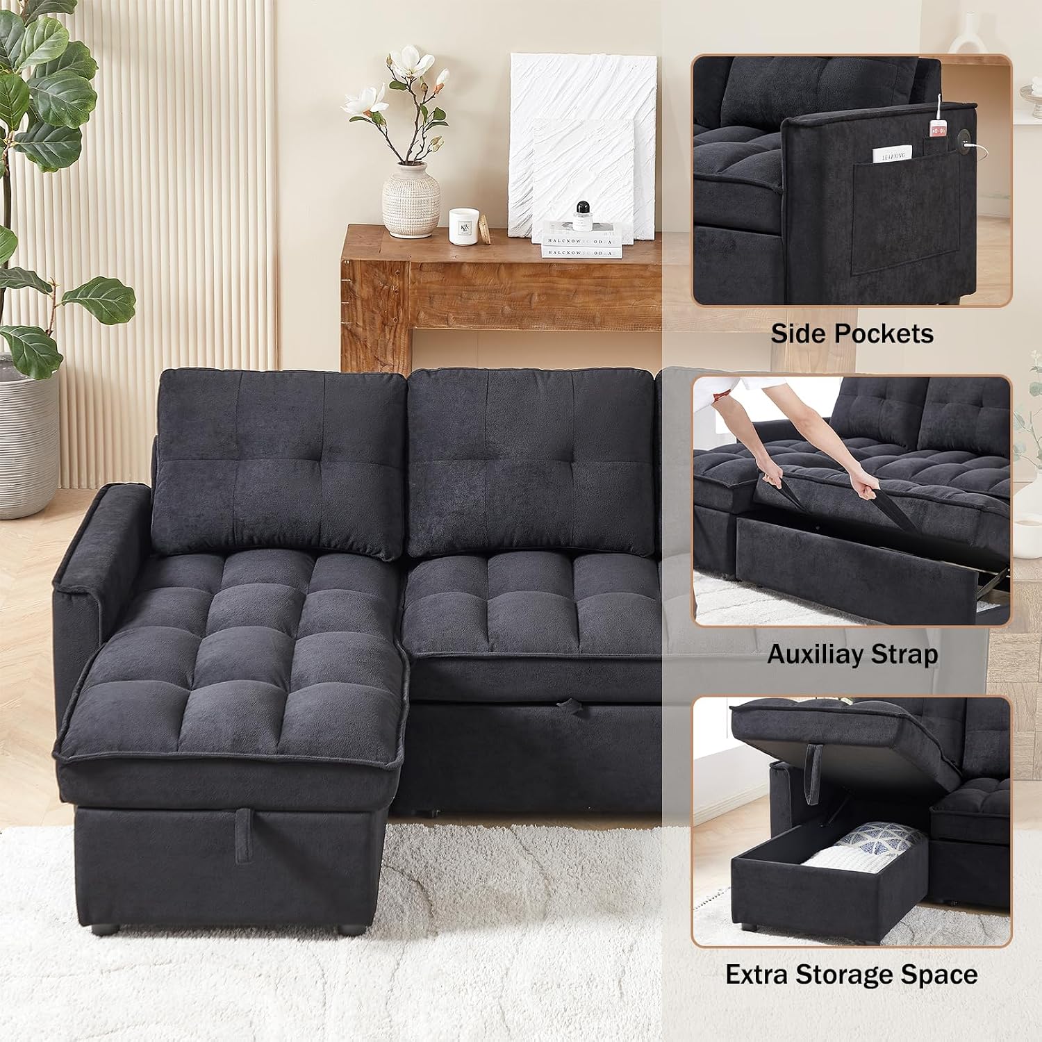78.75' Sleeper Sofa Couch,Modern L-Shaped Couches, Pull Out Couch with USB Ports&Side Pocket,Sleeper Sectional Sofa for Living Room Apartment,Chenille,Black