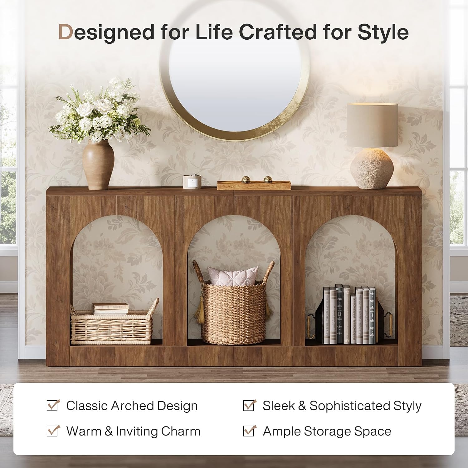 Tribesigns 70.9' Console Table with Storage, Wood Entryway Entry Table with 3 Arched Shelves for Foyer, Hallway, Living Room, Behind Couch Sofa, Narrow Long, Brown