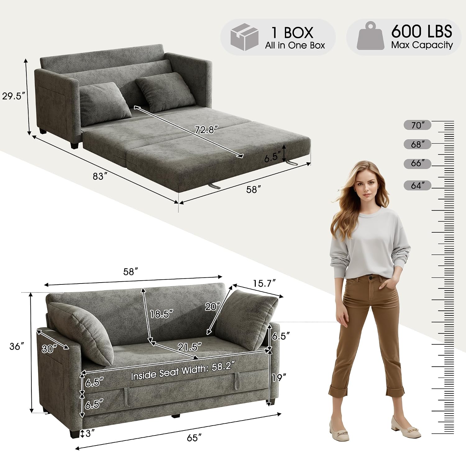 65' Loveseat Sleeper Sofa Bed, Chenille Convertible Floor Sofa Bed for Small Spaces, Folding Couch Bed with Deep Seat, 2 Pillows & Solid Frame, Pull Out Floor Couch for Living Room, Grey
