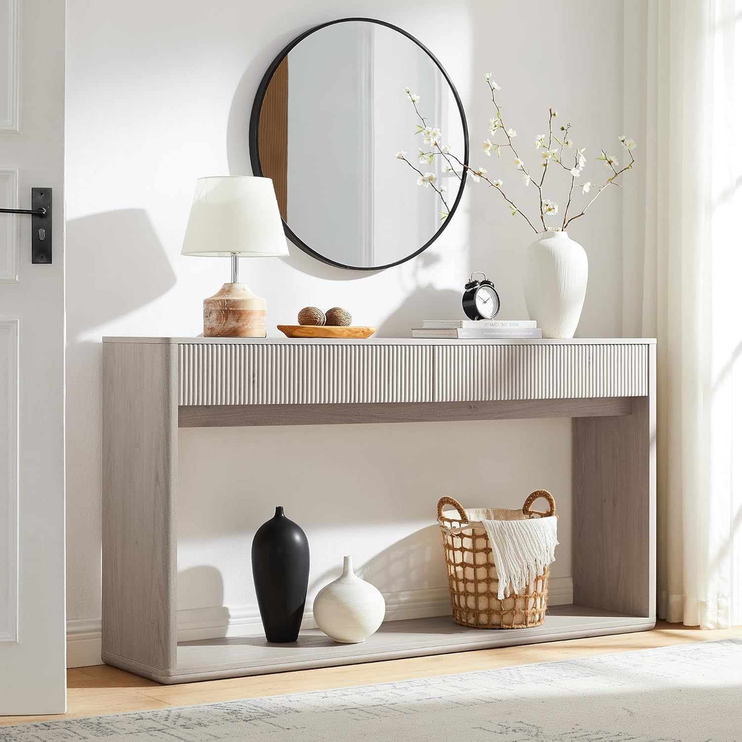 OKD 63' Fluted Console Table for Entryway, Modern Entryway Table with 2 Large Drawers, Long Sofa Table Behind Couch for Living Room, Hallway, Couch, Foyer，Alder White