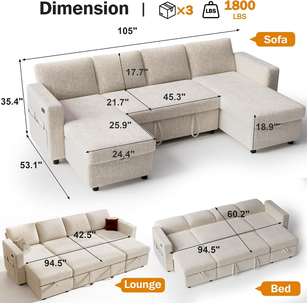 Vipbear 106' Sectional Sleeper Sofa with Pull Out Bed, U Shaped Couch Sleeper Sofa Bed, Pull Out Couch with Reclining Backrest, Double Storage Chaise, USB Ports, Tool-Free Assembly, Chenille Beige