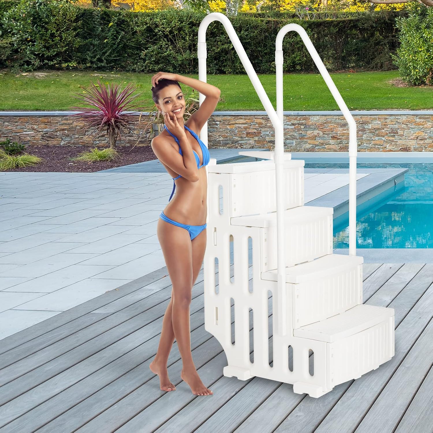 VINGLI Pool Ladder Heavy-Duty Safety Step for Above Ground Pools Stair Entry System with Handrails, Beige (Full Beige, 4 Steps)