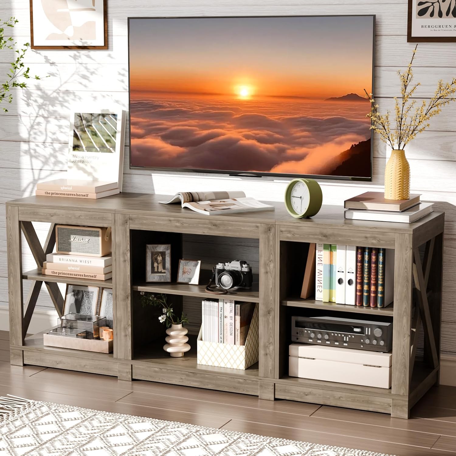 Bonnlo Farmhouse TV Stand for 70 Inch TV, Entertainment Center with Storage Cabinets & Adjustable Shelves, Mid Century Modern Media Console Table for Living Room Bedroom, Gray Oak