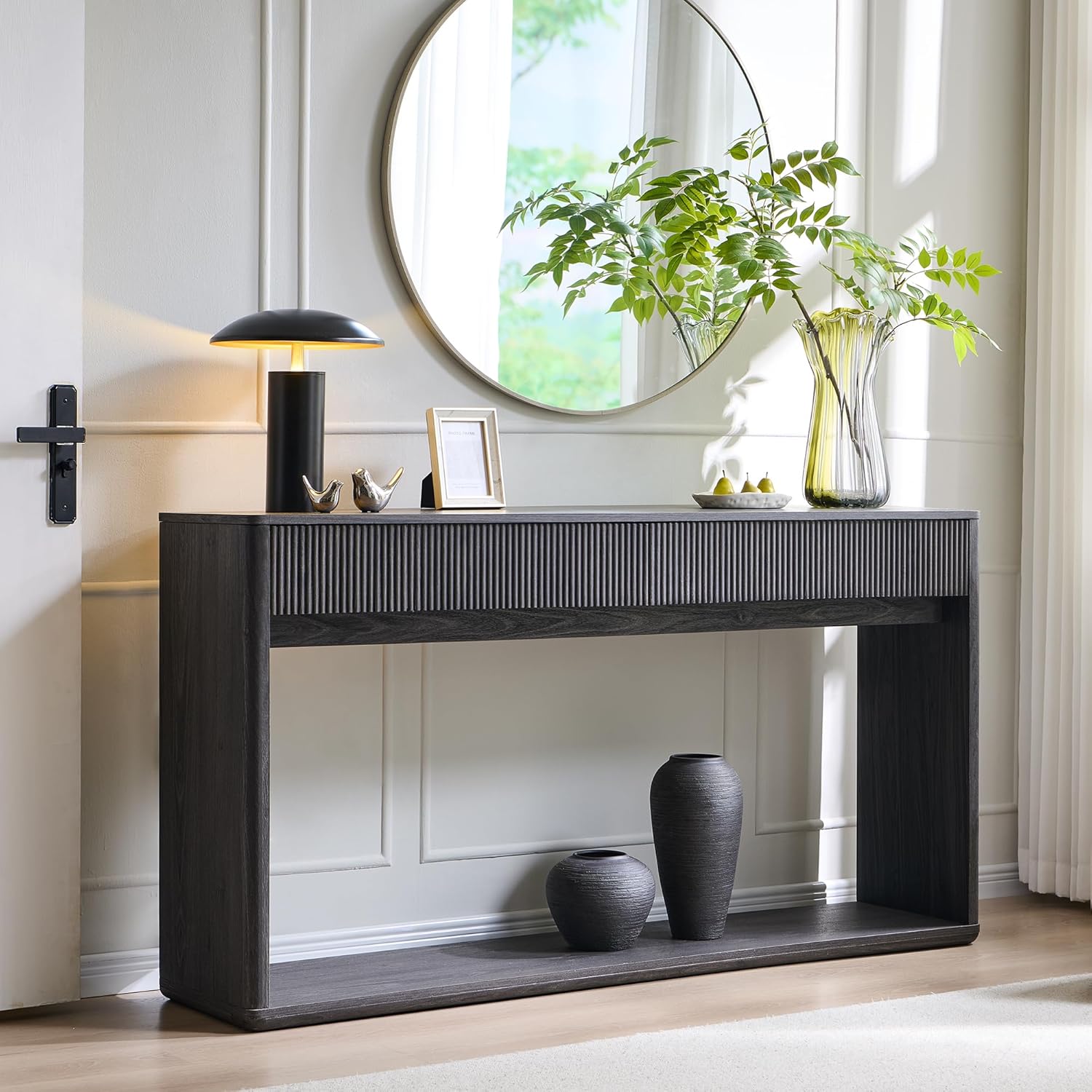 OKD 63' Fluted Console Table for Entryway, Modern Entryway Table with 2 Large Drawers, Long Sofa Table Behind Couch for Living Room, Hallway, Couch, Foyer，Dark Alder