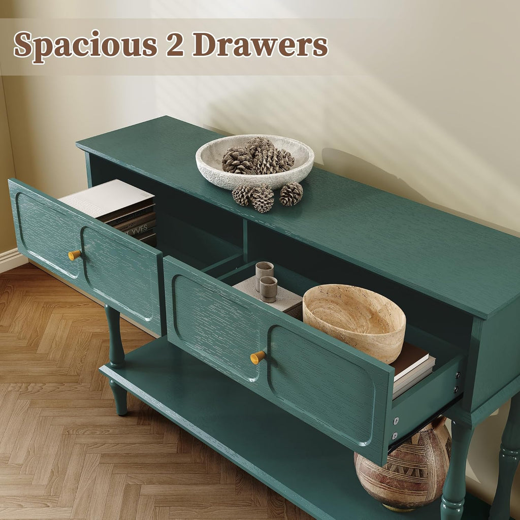 ARTPOWER Mid-Century Console Table for Entryway with 2 Drawers, Green Entryway Table with Storage Cabinets and Open Shelf, Narrow Long Couch Table Behind Sofa for Living Room, Foyer, Hallway