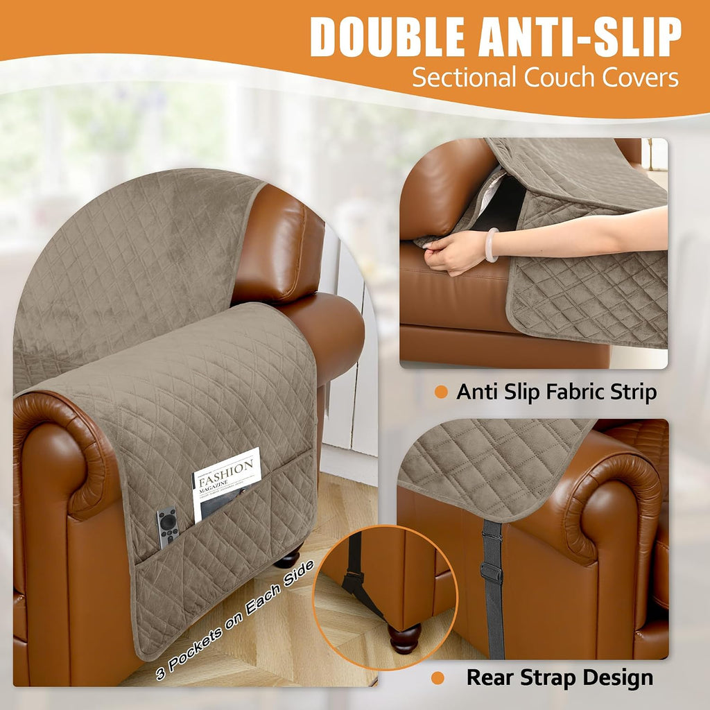 Arfntevss Waterproof Sectional Couch Covers L Shape Washable Velvet Sofa Cover for Sectional Non Slip Large Corner Slipcovers Dog 6 Pcs Universal U Shaped Furniture Protector (Camel, Large)