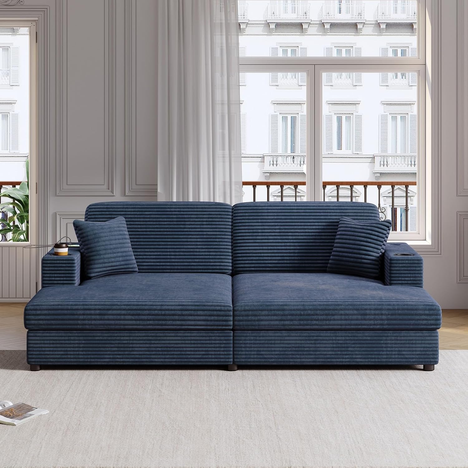 Merax 86.5' W*62' L Oversized Sleeper Sofa Bed, Corduroy Upholstery Sectional Couch Loveseat Chaise Lounge with 2 Throw Pillows, USB Ports, Cup Holders for Living Room and Bedroom, Blue