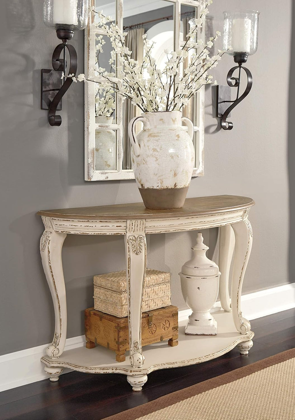 Signature Design by Ashley Realyn French Country Semi-Circle Console Table, White & Brown