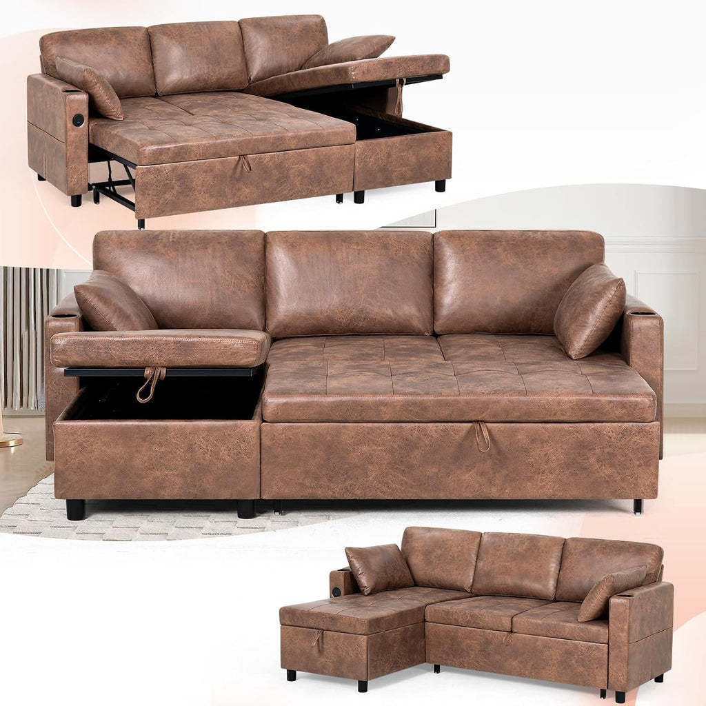84' L-Shape Pull Out Sofa Bed with Adjustable Backrest, Upholstered Sectional Sleeper Sofa with Storage Chaise, Suede Leather Reversible Couch Bed with USB Port for Living Room, House, Brown