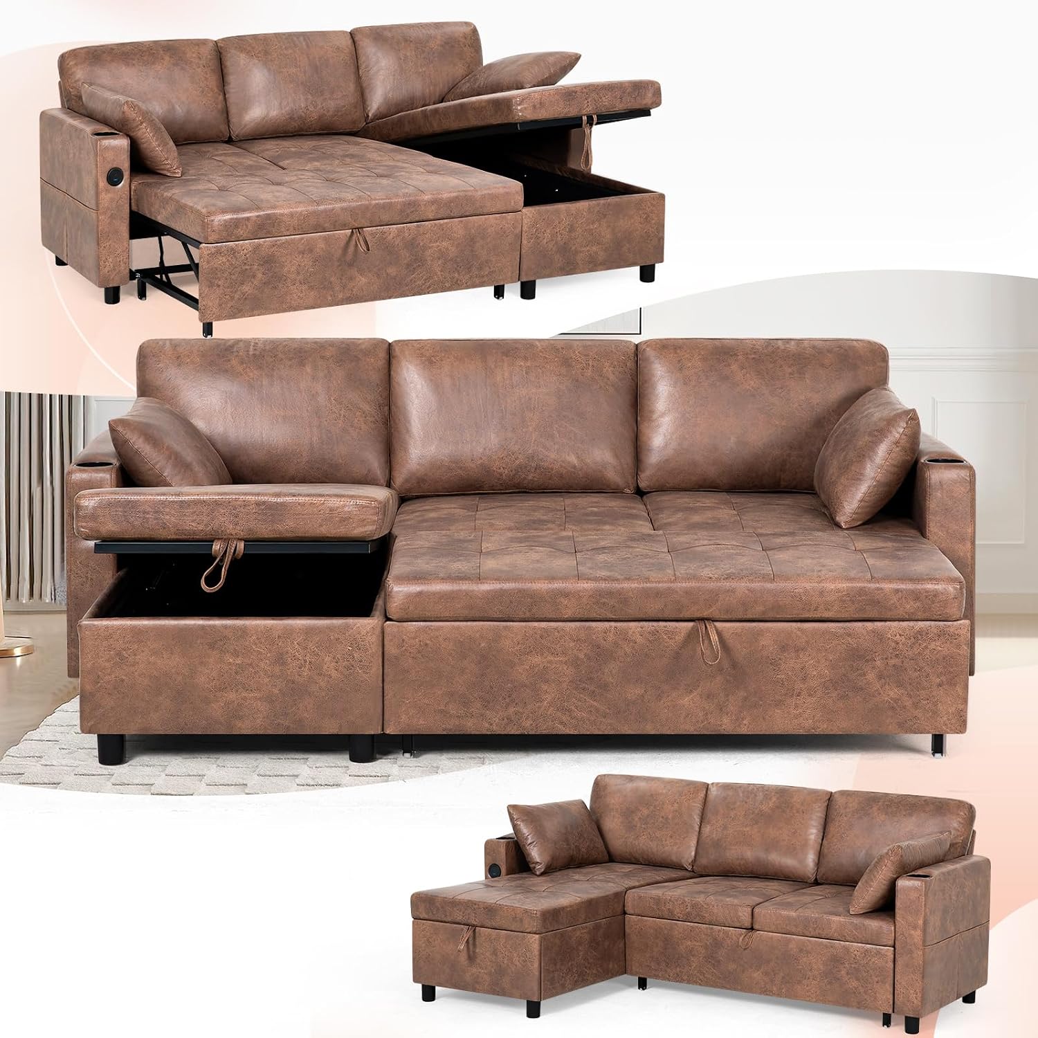 84' L-Shape Pull Out Sofa Bed with Adjustable Backrest, Upholstered Sectional Sleeper Sofa with Storage Chaise, Suede Leather Reversible Couch Bed with USB Port for Living Room, House, Brown
