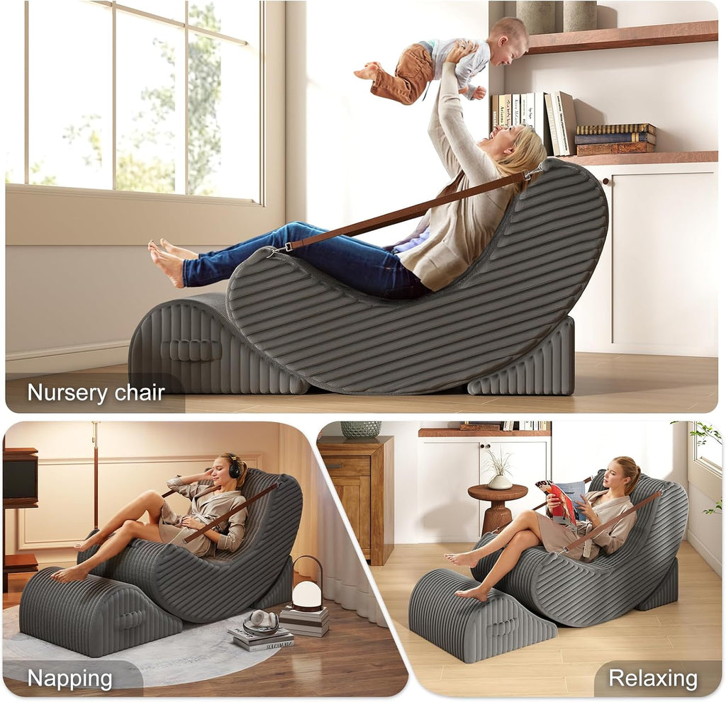3-in-1 Adjustable Zero Gravity Floor Chair, Oversized Corduroy Boneless Chair for Adults with Memory Foam & Washable Cover, Silent Rocker Recliner Lounge Chair for Reading, Nursing, Gaming, Gray