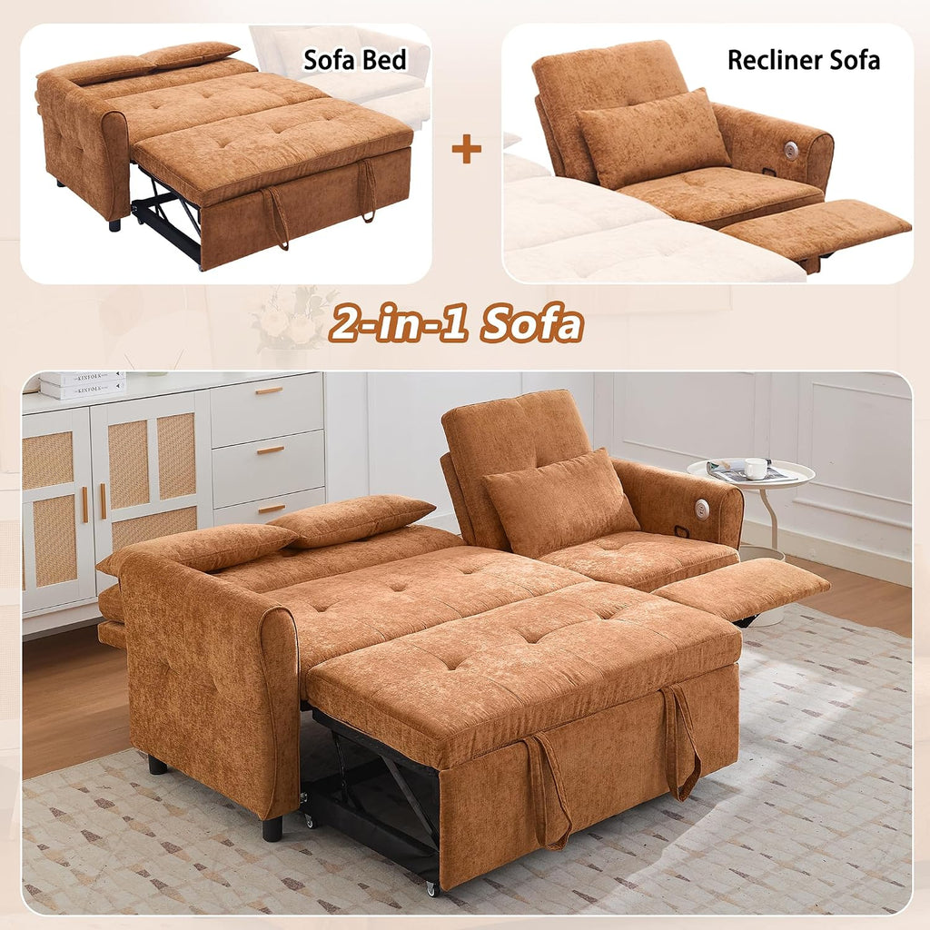 Merax 2-in-1 Convertible Sofa Bed & Recliner Sofa, 82' 3-Seater Sofa, Pull-Out Sleeper Sofa, 3 Level Adjustable Backrest, Reversible Left/Right, with USB Charging Ports, Easy to Assemble (Orange)