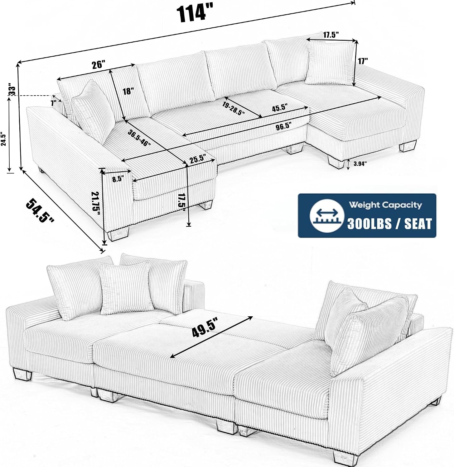 114' Sectional Couches with Pull Out Bed for Living Room, Oversized 2 in 1 Sectional Sleeper Sofa Comfy, Modern Upholstery 4 Seat U Shaped Couches with Double Chaise for Apartment, Beige