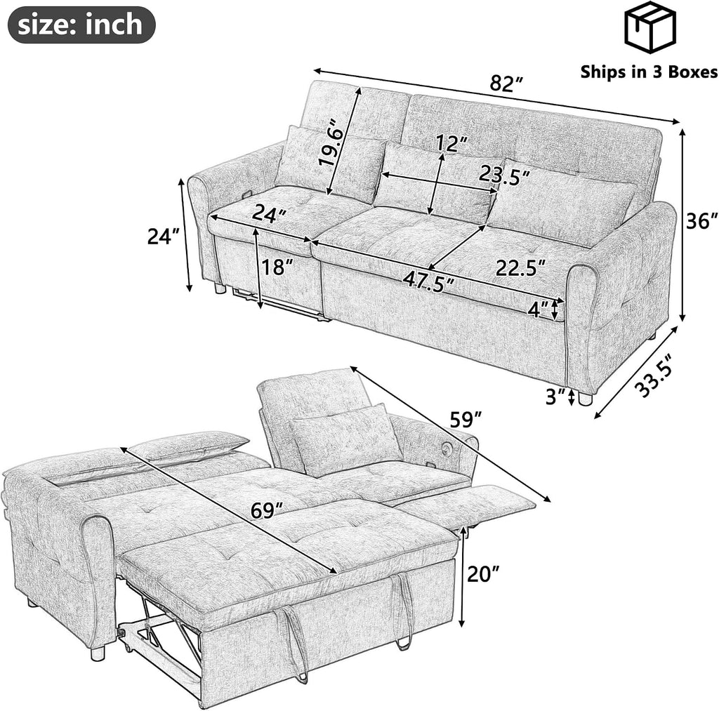 Merax 2-in-1 Convertible Sofa Bed & Recliner Sofa, 82' 3-Seater Sofa, Pull-Out Sleeper Sofa, 3 Level Adjustable Backrest, Reversible Left/Right, with USB Charging Ports, Easy to Assemble (Orange)