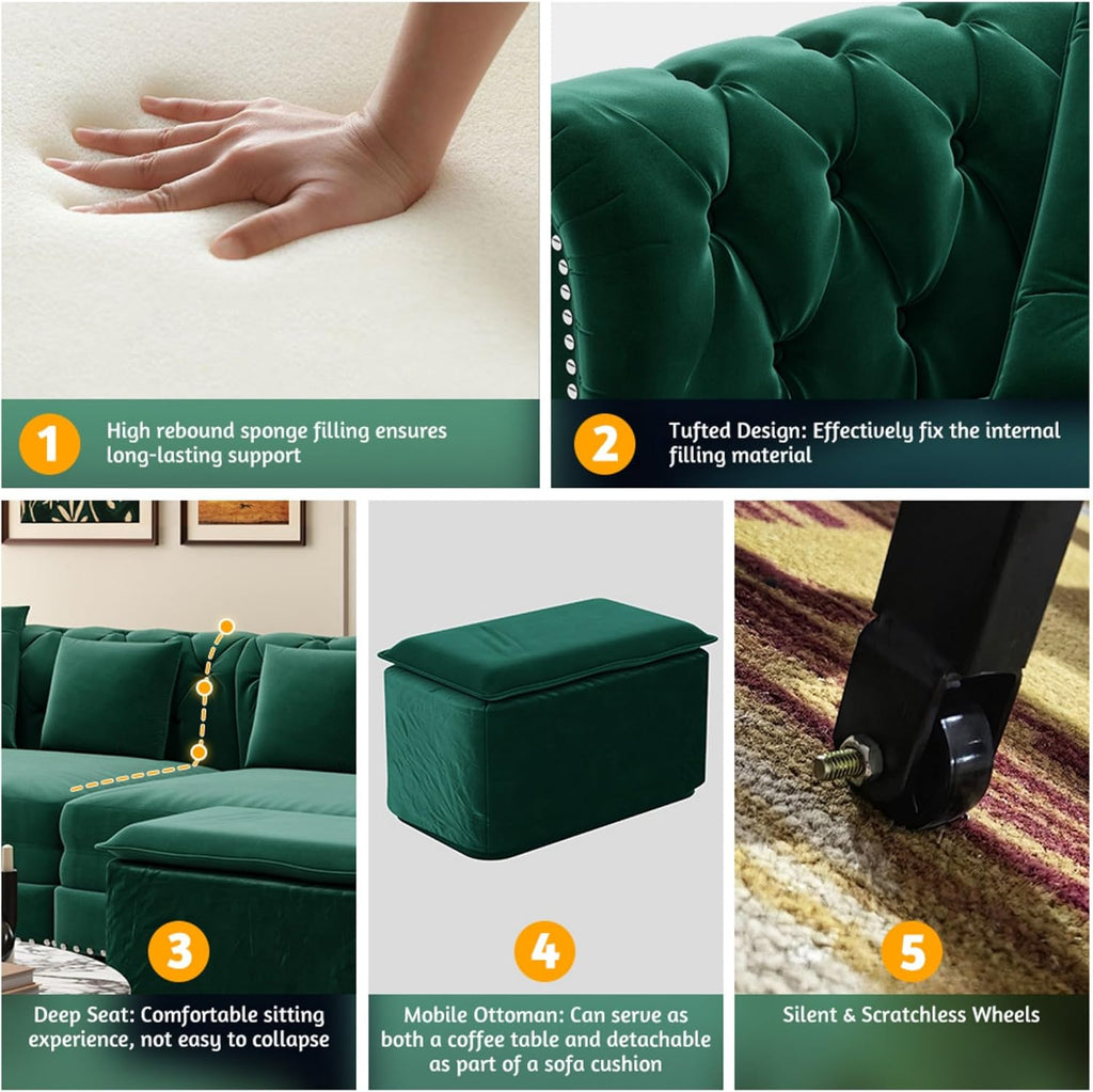 KEIKI King Size Convertible Chesterfield Sofa Bed, 89' Velvet Couch with Ottoman, Tufted Design, 3-in-1 Sleeper Sofa for Living Room, Bedroom, or Office, Green