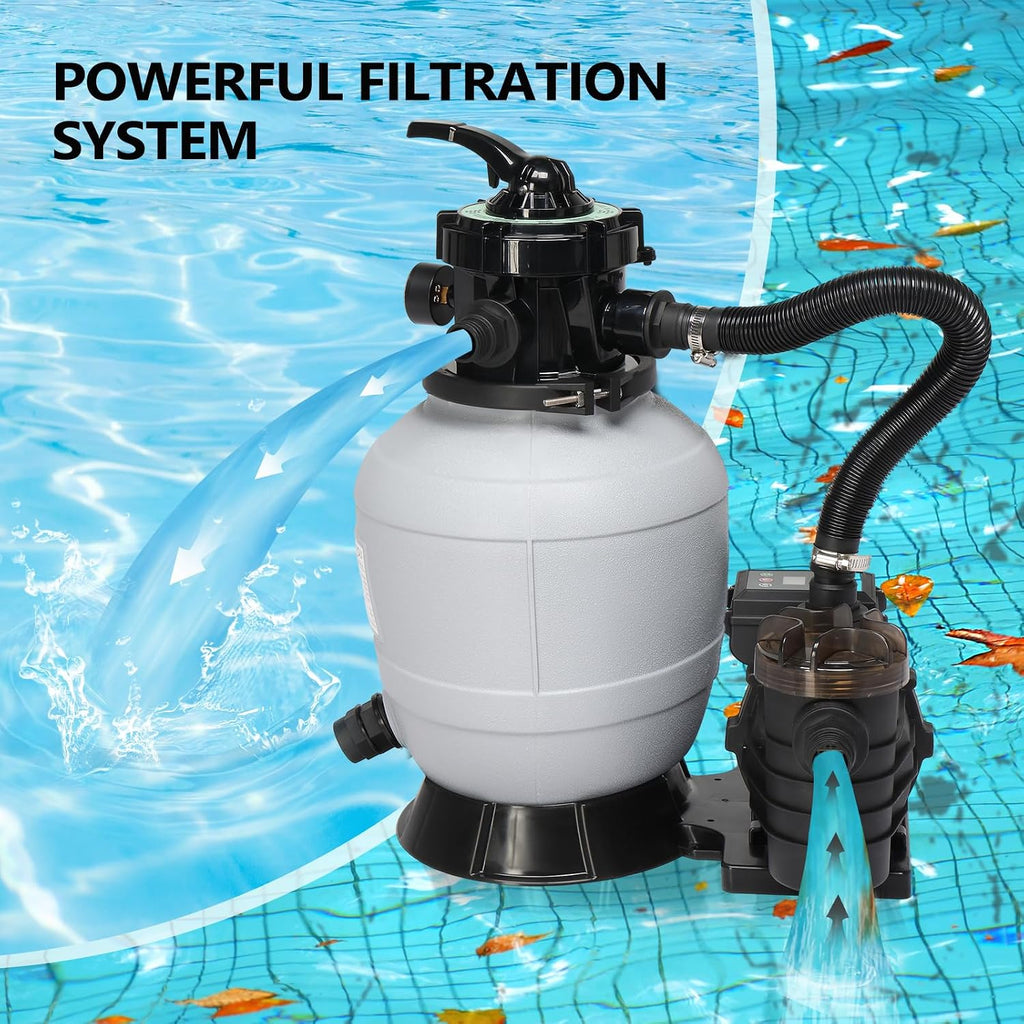 (24H Timer) VINGLI Sand Pool Filter 12in Tank With A 1/2HP Pool Pump 115V and Pool Filter Balls, Above Ground Inground Swimming Pool Pump with Filter Basket,Max 2642 GPH