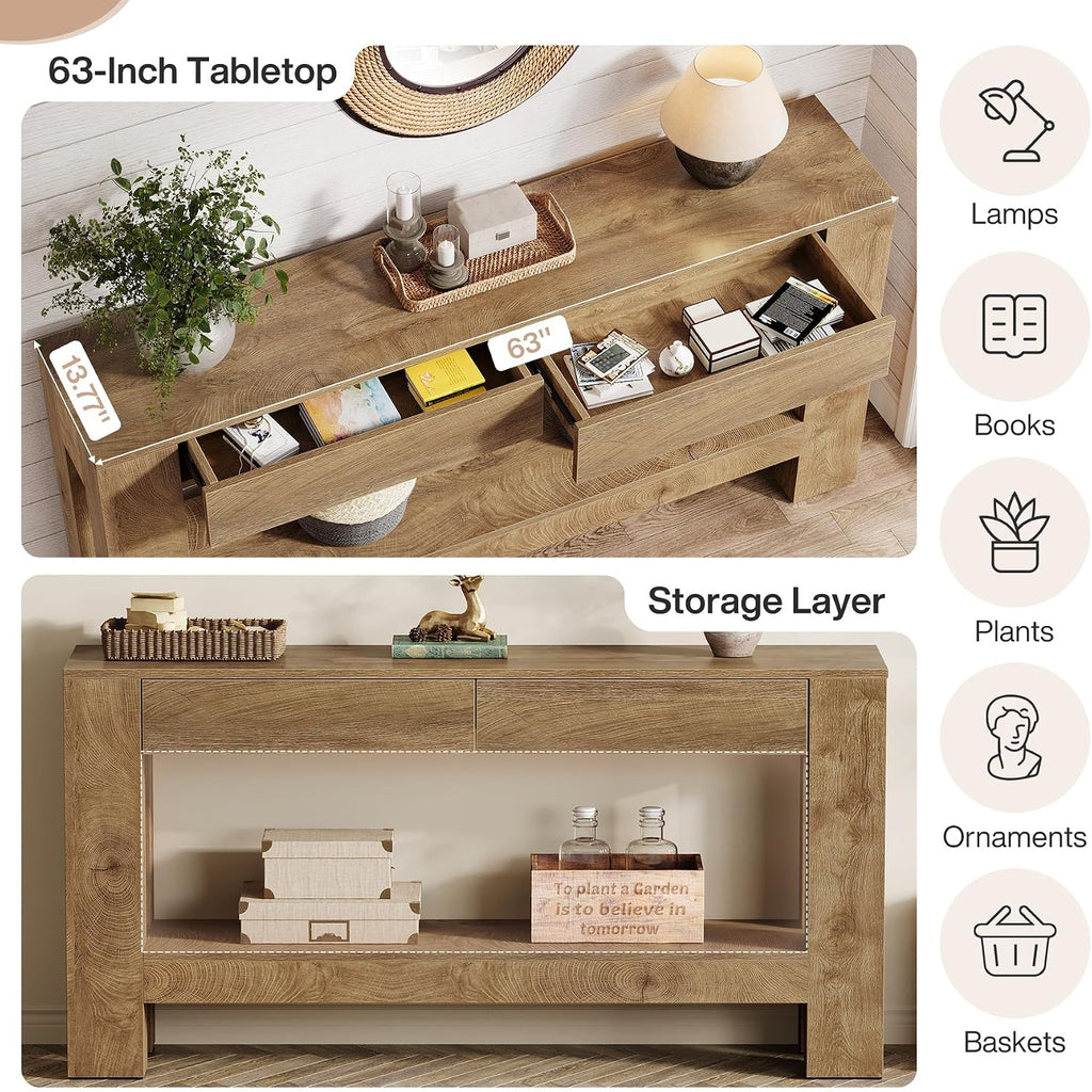 Tribesigns 63' Console Table with 2 Drawers, Farmhouse Entryway Table with Storage Shelf and Sturdy Legs, Wooden Sofa Table for Living Room, Hallway, Entrance (Brown)