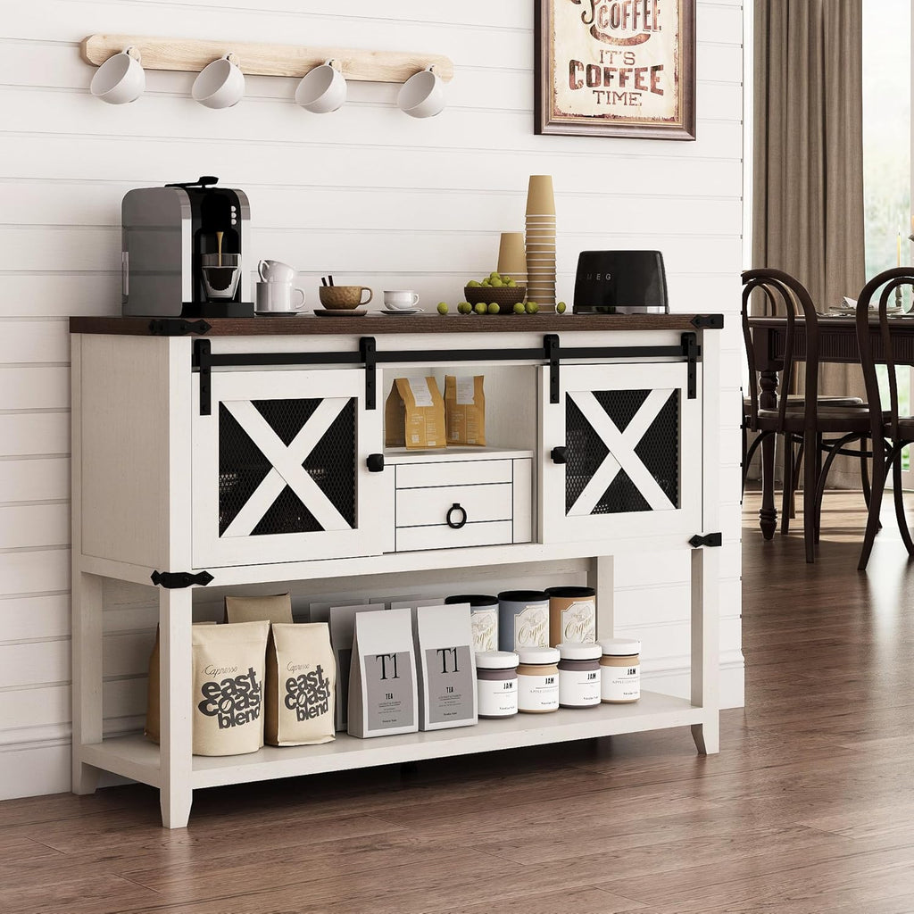 Hlivelood Farmhouse Entryway Table with 2 Sliding Barn Doors & Drawer, 46'' Rustic Console Table with Storage, Open Shelf Space, Industrial Sofa Table for Living Room, Entryway, Hallway, Vintage White
