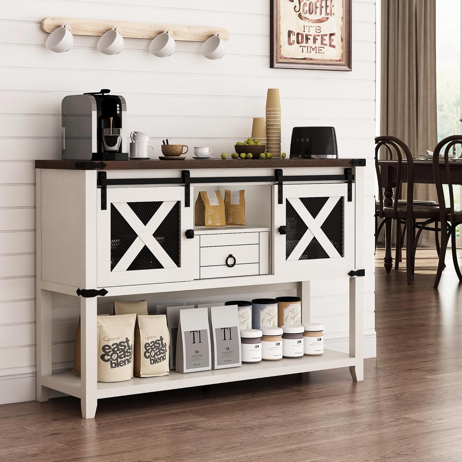 Hlivelood Farmhouse Entryway Table with 2 Sliding Barn Doors & Drawer, 46'' Rustic Console Table with Storage, Open Shelf Space, Industrial Sofa Table for Living Room, Entryway, Hallway, Vintage White