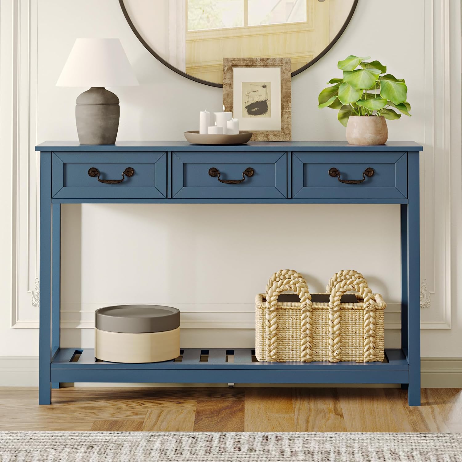 ChooChoo Console Table with 3 Drawers, Rustic Entryway Table, Narrow Long Sofa Table for Living Room, Hallway, Behind Couch, Blue