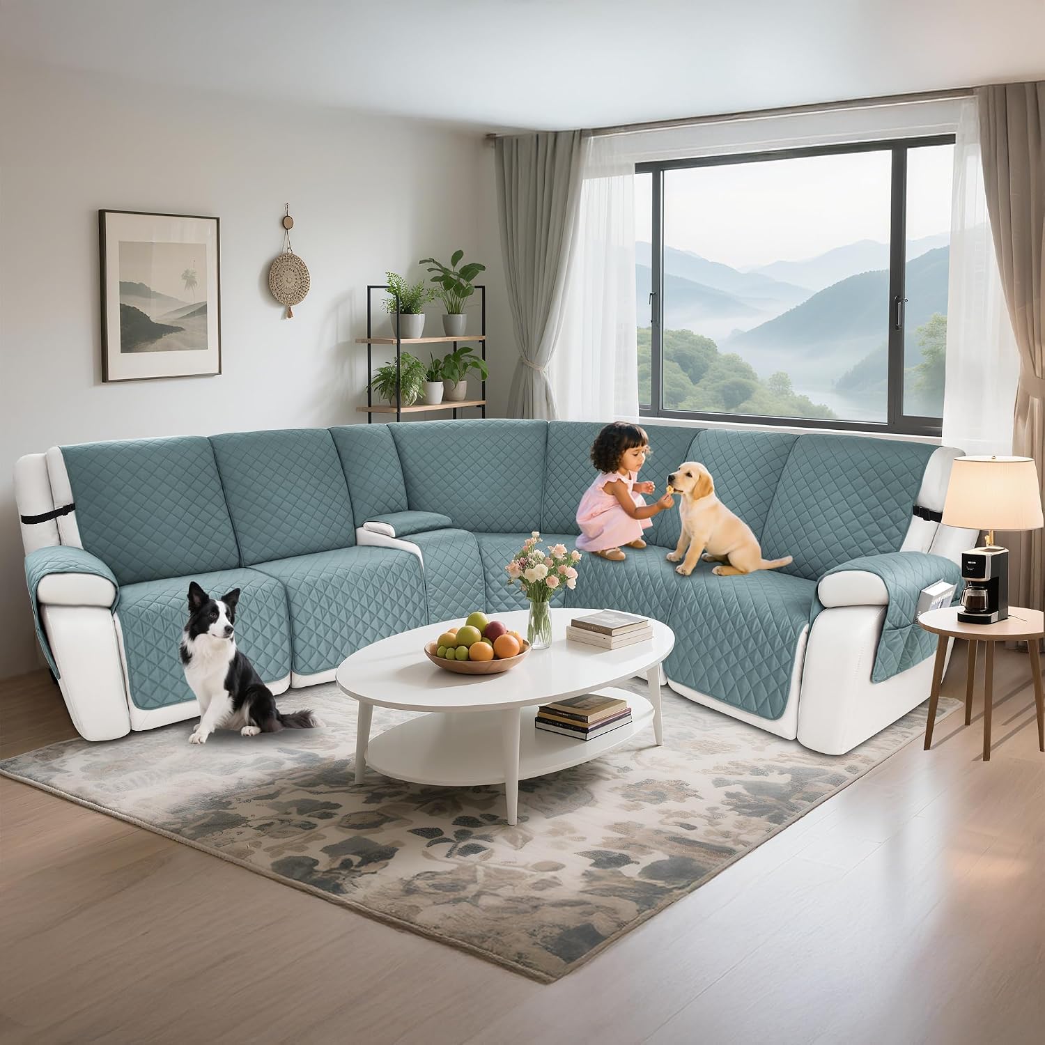 Waterproof Sectional Reclining Couch Covers L Shaped Recliner Sectional Sofa Cover 8 Piece Non Slip Washable Corner Recliner Slipcover Set for Pet Dog (5 Seater 1 Console Cover, Dusty Blue)