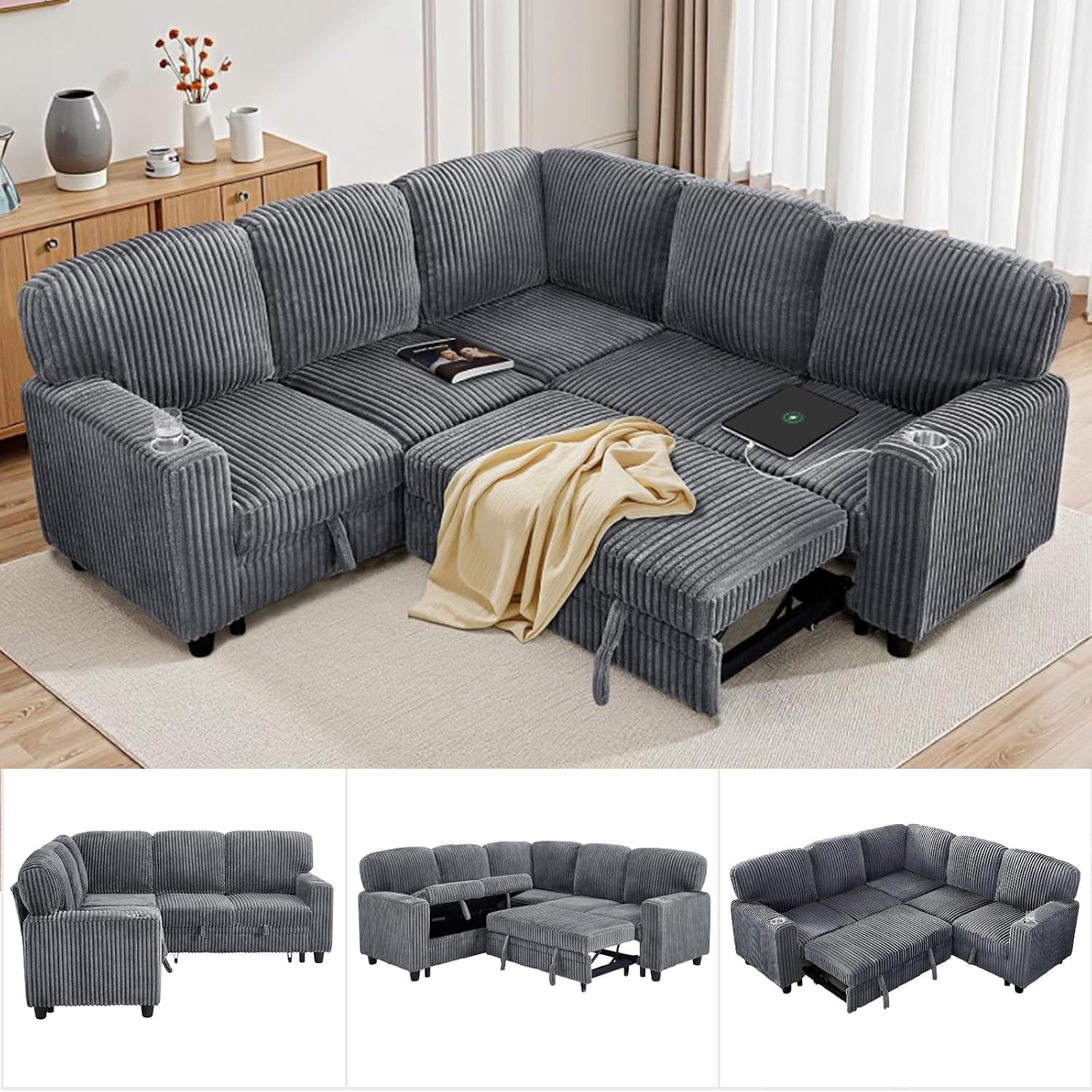 81' Modular Sectional Sofa, L Shaped 5-Seater Sleeper Sofa with Pull Out Bed, Hidden Storage, Cup Holders & USB Charging Ports, Sectional Couches for Living Room, Corduroy, Grey