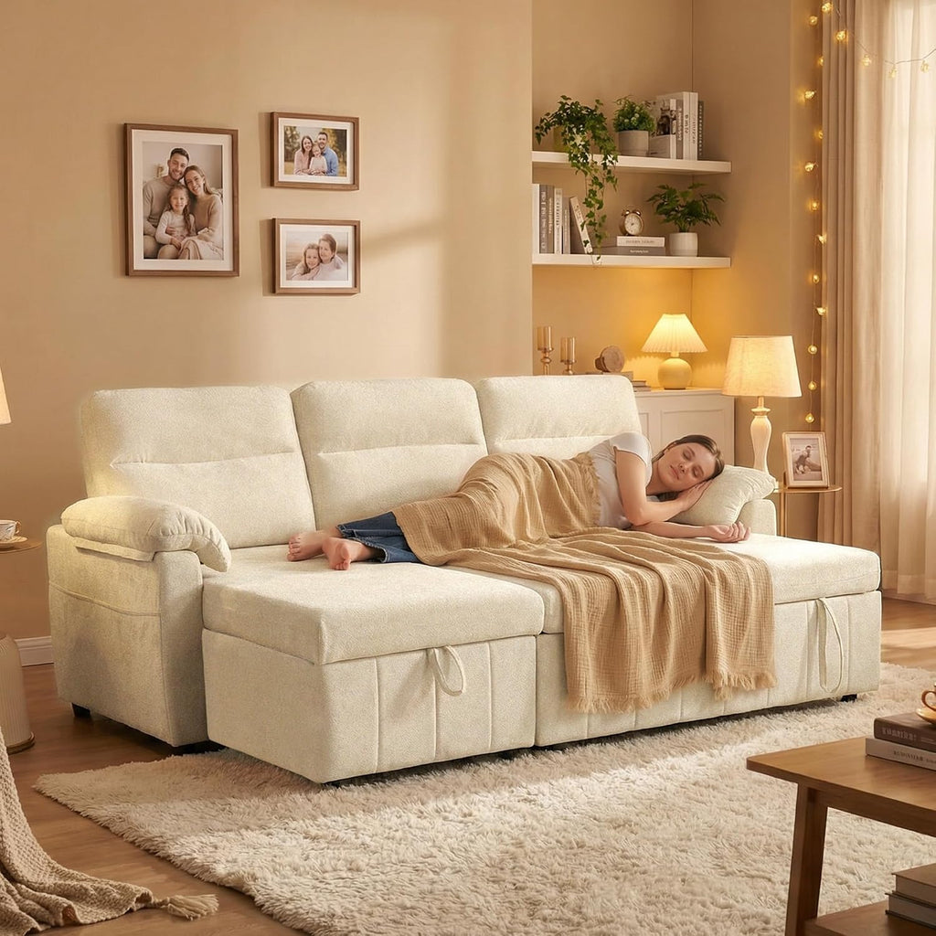 Tbfit 84'' Pull Out Sofa, 3 in 1 Sleeper Sofa Couch with USB & Storage Chaise, Cloud Sofa Bed with Pull Out Bed, Chenille Convertible Sleeper Sofas for Living Room, Small Spaces, Beige
