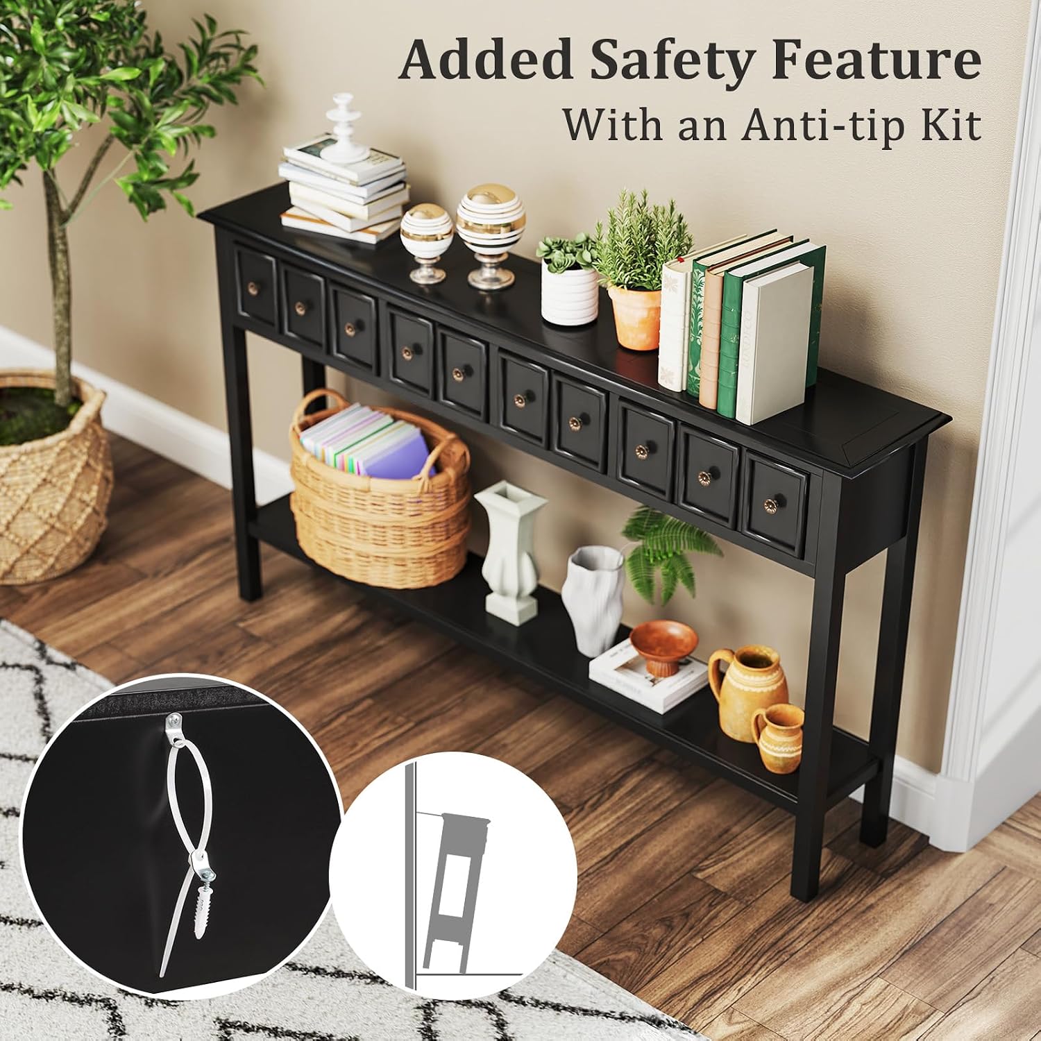 Giantex 60' Entryway Table, Long Narrow Console Table with 4 Drawers and Open Storage Shelf, Modern Slim Entry Tables, Farmhouse Wooden Sofa Tables with Anti-Tip Kit for Living Room, Hallway (Black)