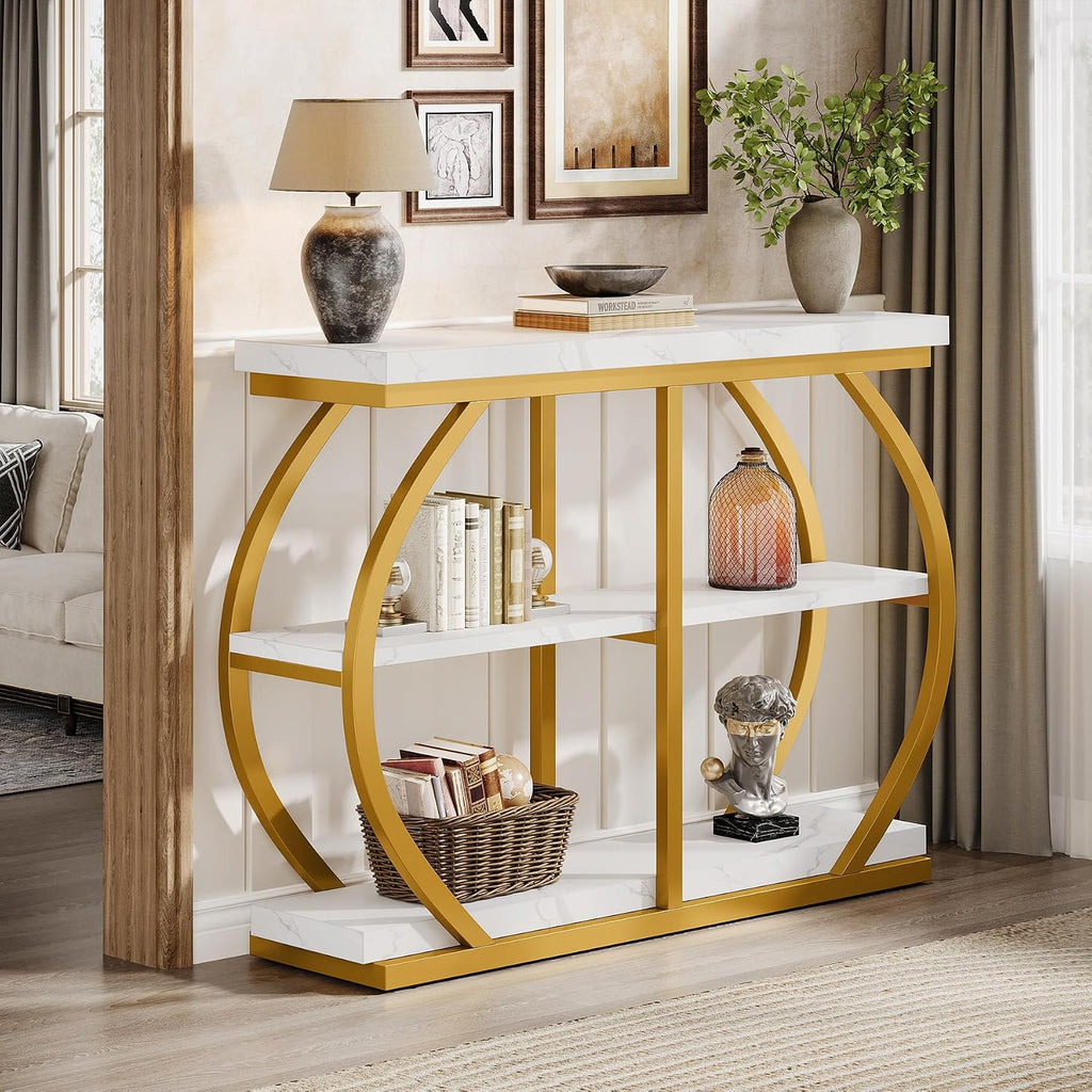 Tribesigns 41.3' Console Table, Industrial 3-Tier Entryway Table with Arched Metal Frame and Storage Shelves for Living Room, Hallway, White Gold