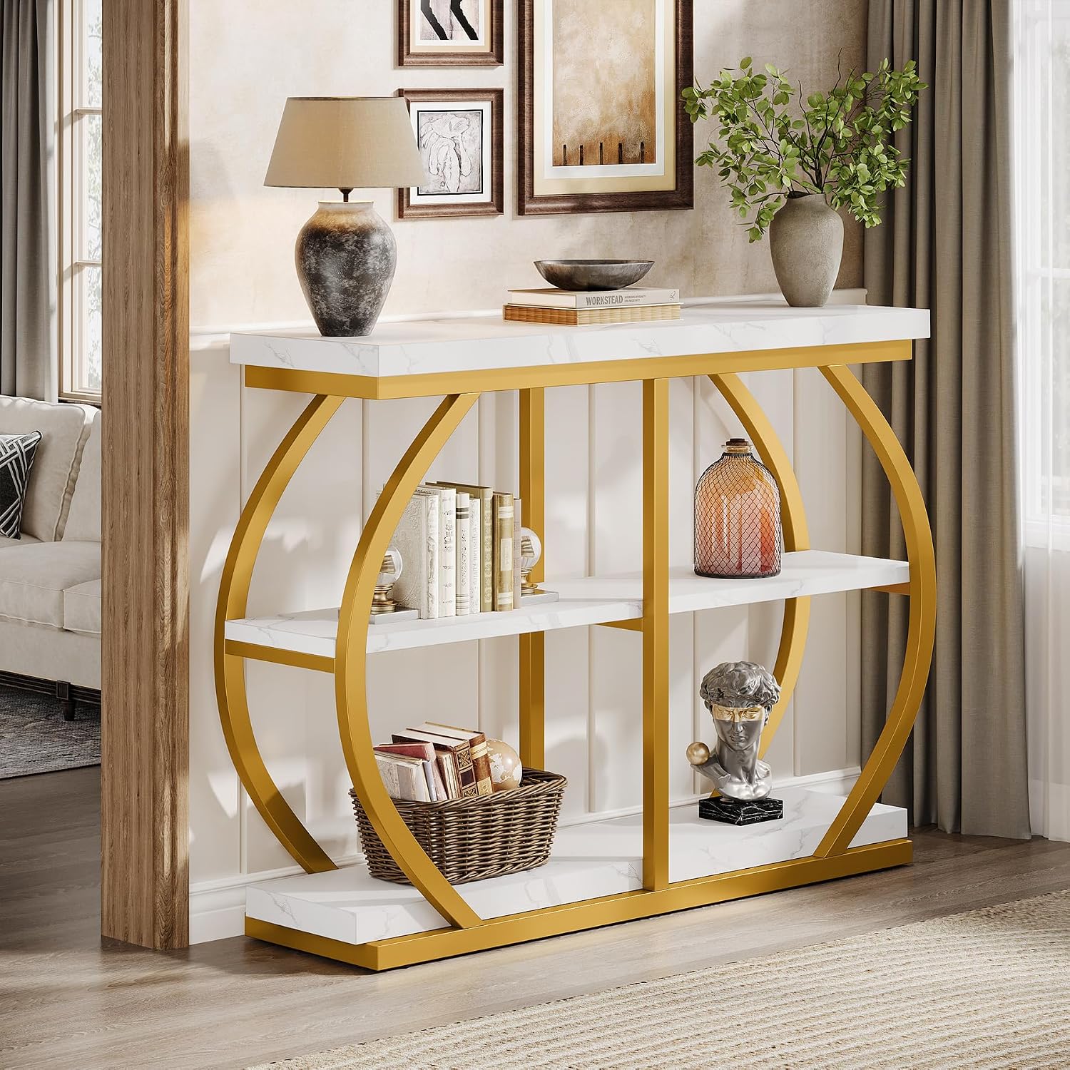 Tribesigns 41.3' Console Table, Industrial 3-Tier Entryway Table with Arched Metal Frame and Storage Shelves for Living Room, Hallway, White Gold
