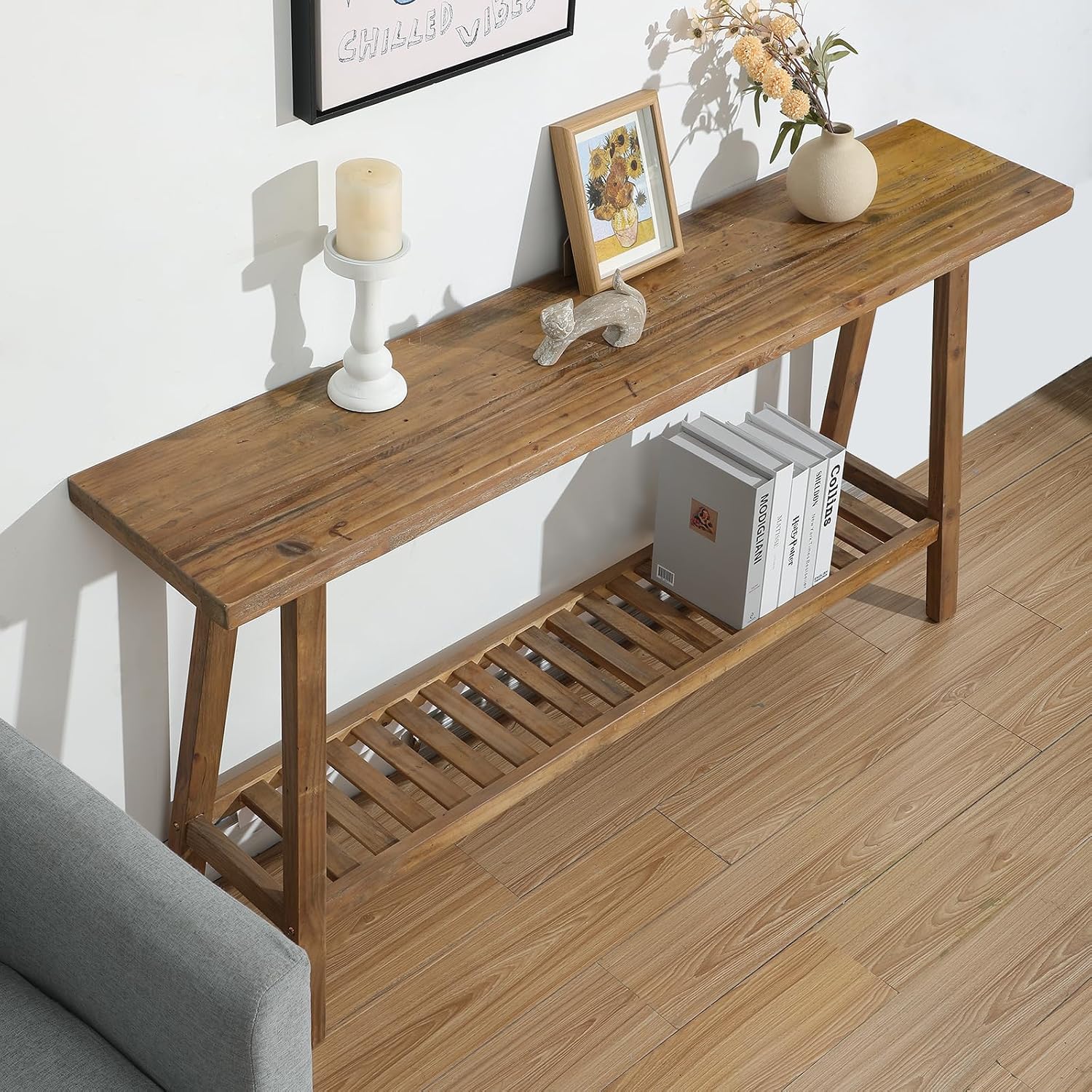 HOKYHOKY Reclaimed Solid Wood Console Table, 59' Long Farmhouse Entryway Tables, Rectangular Couch Table Behind Sofa, 2 Tiers Accent Tables for Hallway, Entrance, Foyer, Living Room