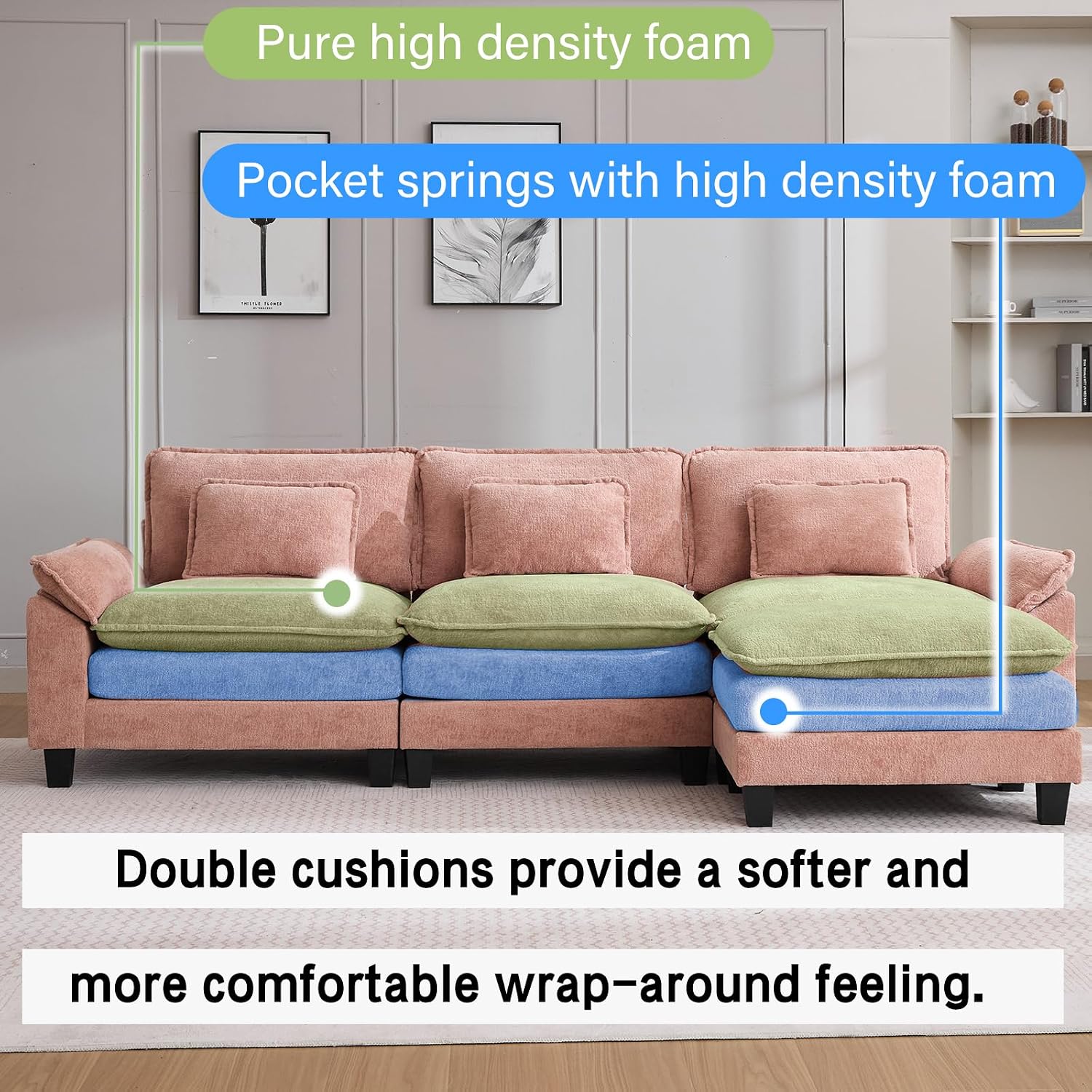 Oprisen 120' Modular Sectional Sofa, Comfy Cloud Couch Sectional Sofa with Ottoman, Chenille Sofa Sleeper Deep Seat Sofa with Throw Pillows for Living Room (Pink, 120'- L Shape)