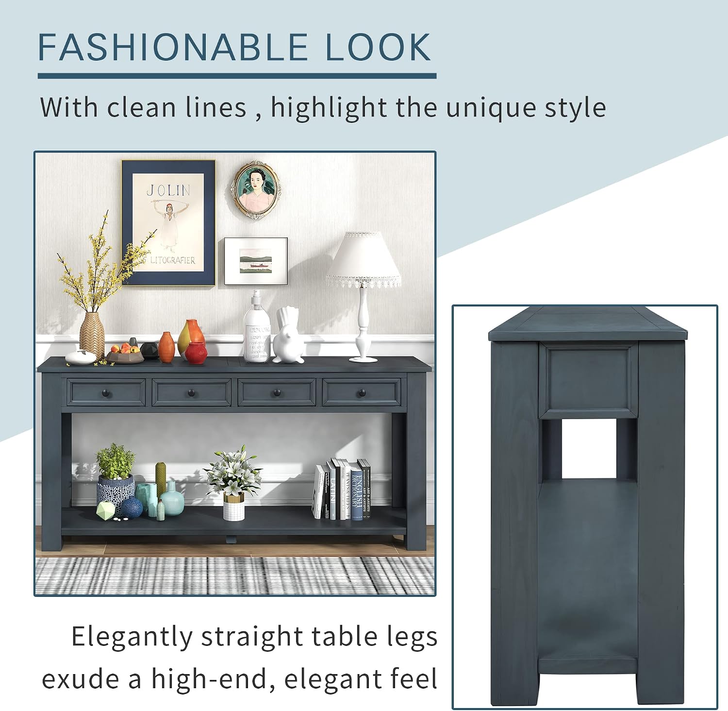 Merax Console Table, 63' Long Extra-Thick Entryway Table Sofa Table with 4 Drawers and Open Shelf for Entryway, Hallway, Living Room (Navy)