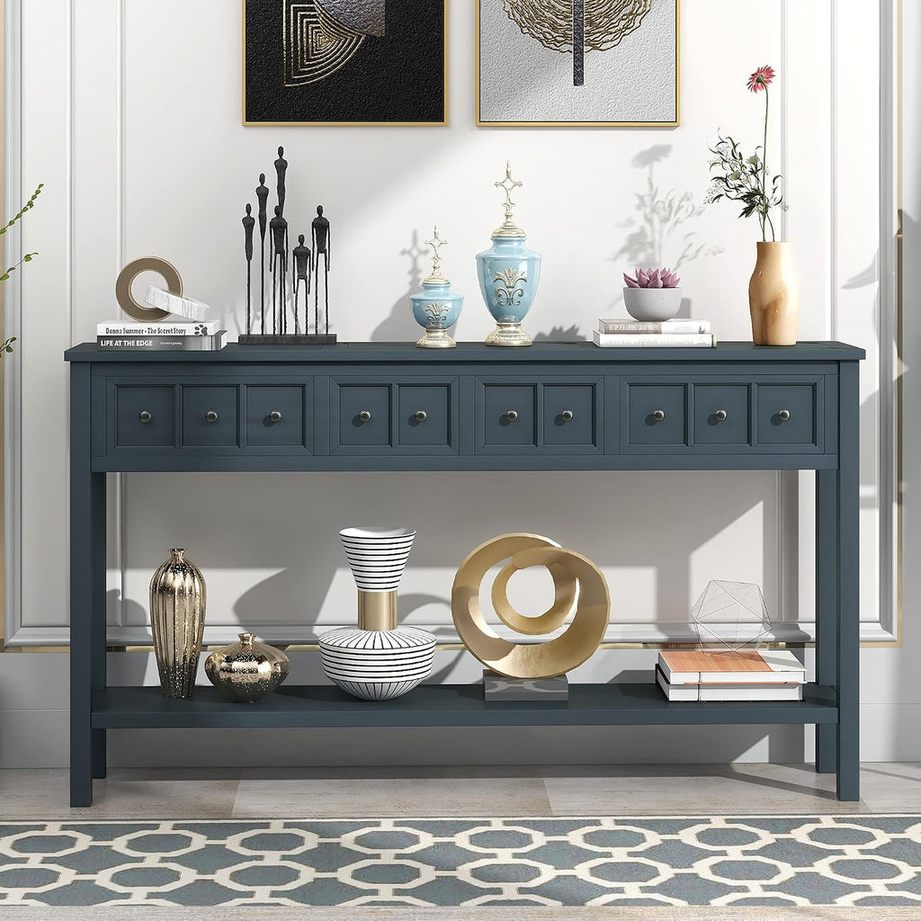 Merax Farmhouse Entryway Console Table with 4 Drawers and Shelf, Sofa Table Behind Couch, Navy Blue
