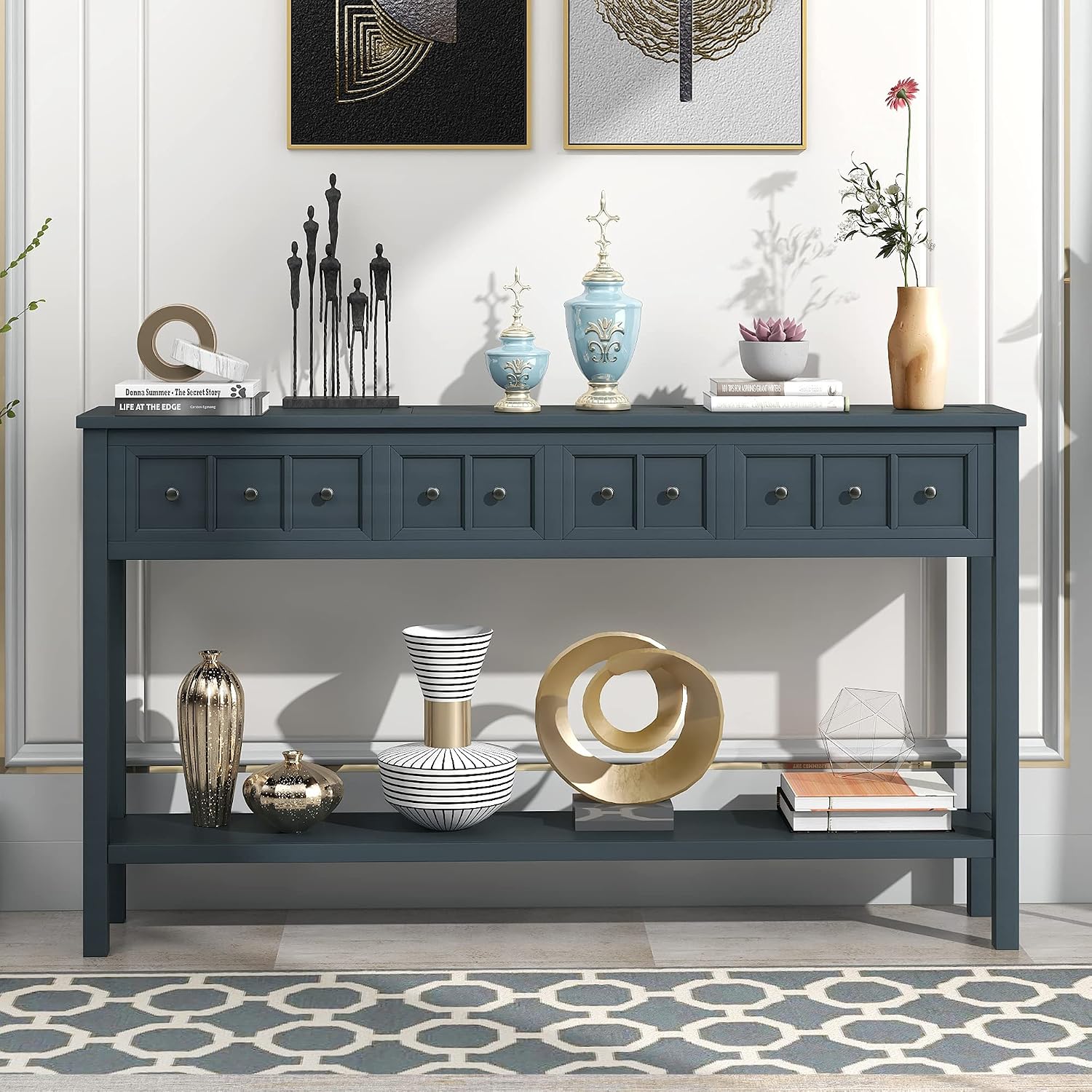 Merax Farmhouse Entryway Console Table with 4 Drawers and Shelf, Sofa Table Behind Couch, Navy Blue