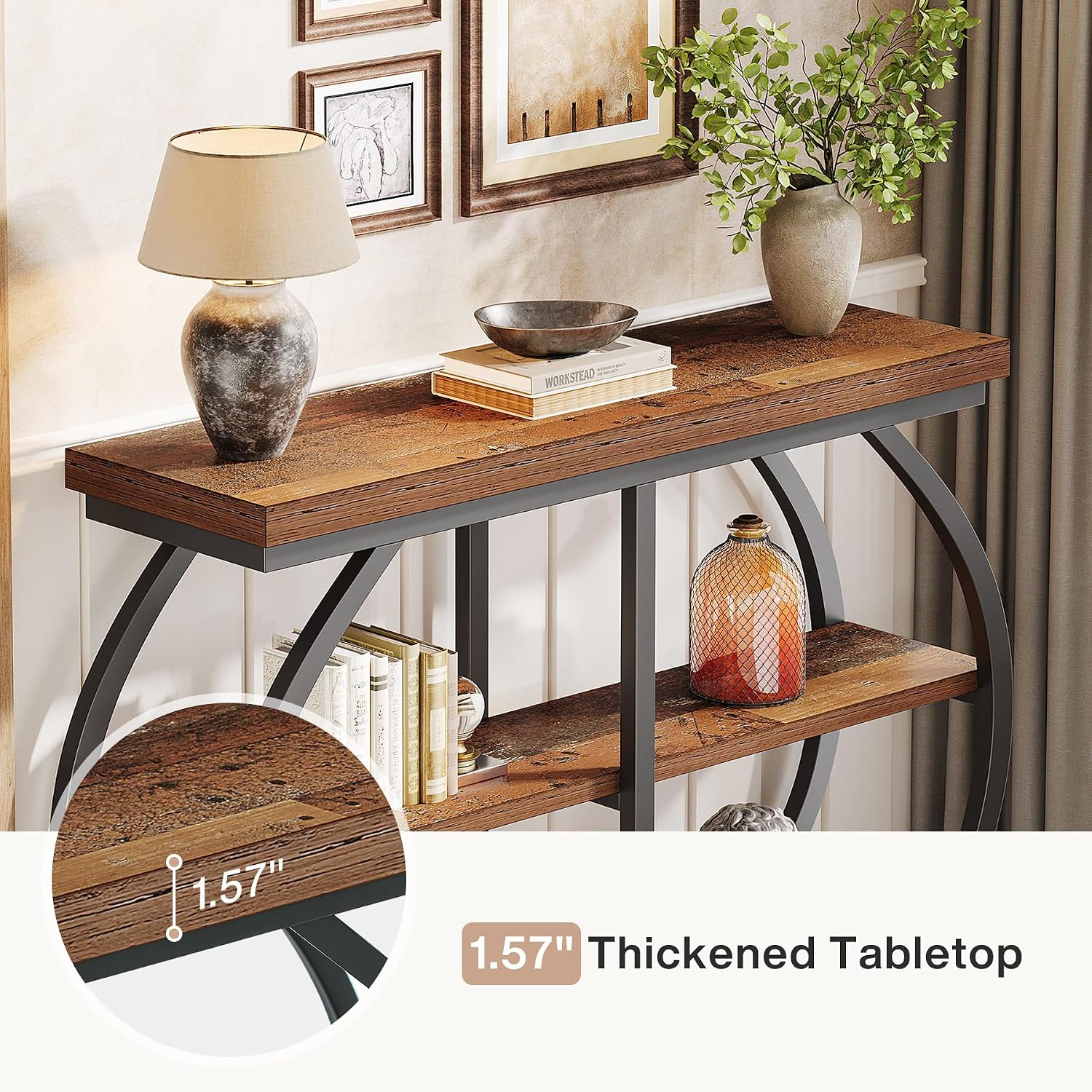 Tribesigns 41.3' Console Table, Industrial 3-Tier Entryway Table with Arched Metal Frame and Storage Shelves for Living Room, Hallway, Mix Brown