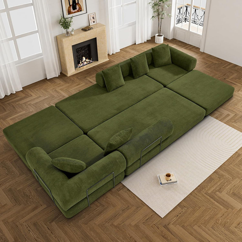 DAMAIFROM Convertible Sleeper Sofa Bed with Cylindrical Pillow,Corduroy Folding Mattress Couch with Fixed-Shape Frame,Modular Floor Sofa Lounge Couch for Living Room Bedroom Lounge,158.6',Olive Green