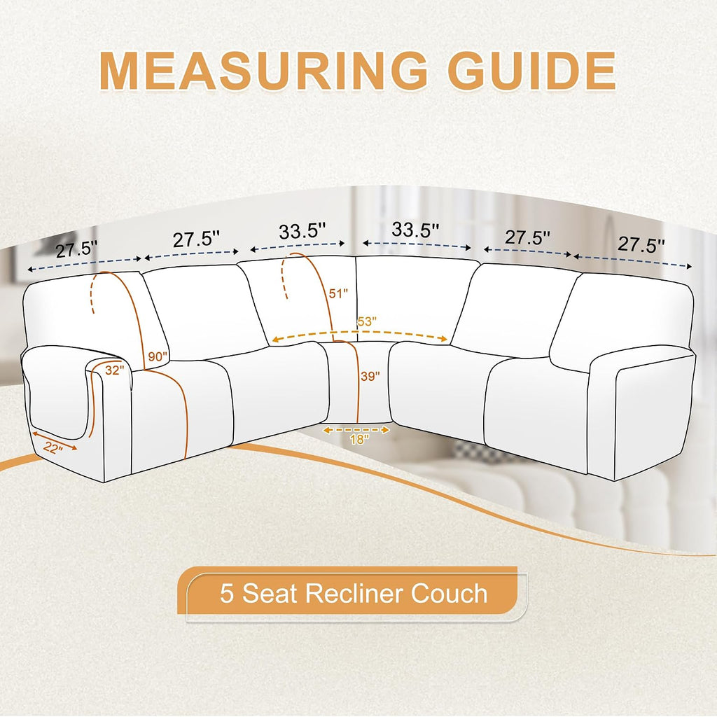 HDCAXKJ 100% Waterproof Reclining Sectional Couch Covers L Shape Recliner Sofa Cover Washable Quilted Soft Pet Dog Corner Recliner Slipcovers with Pockets (XL 5 Seat Recliner Couch, Silver Gray)